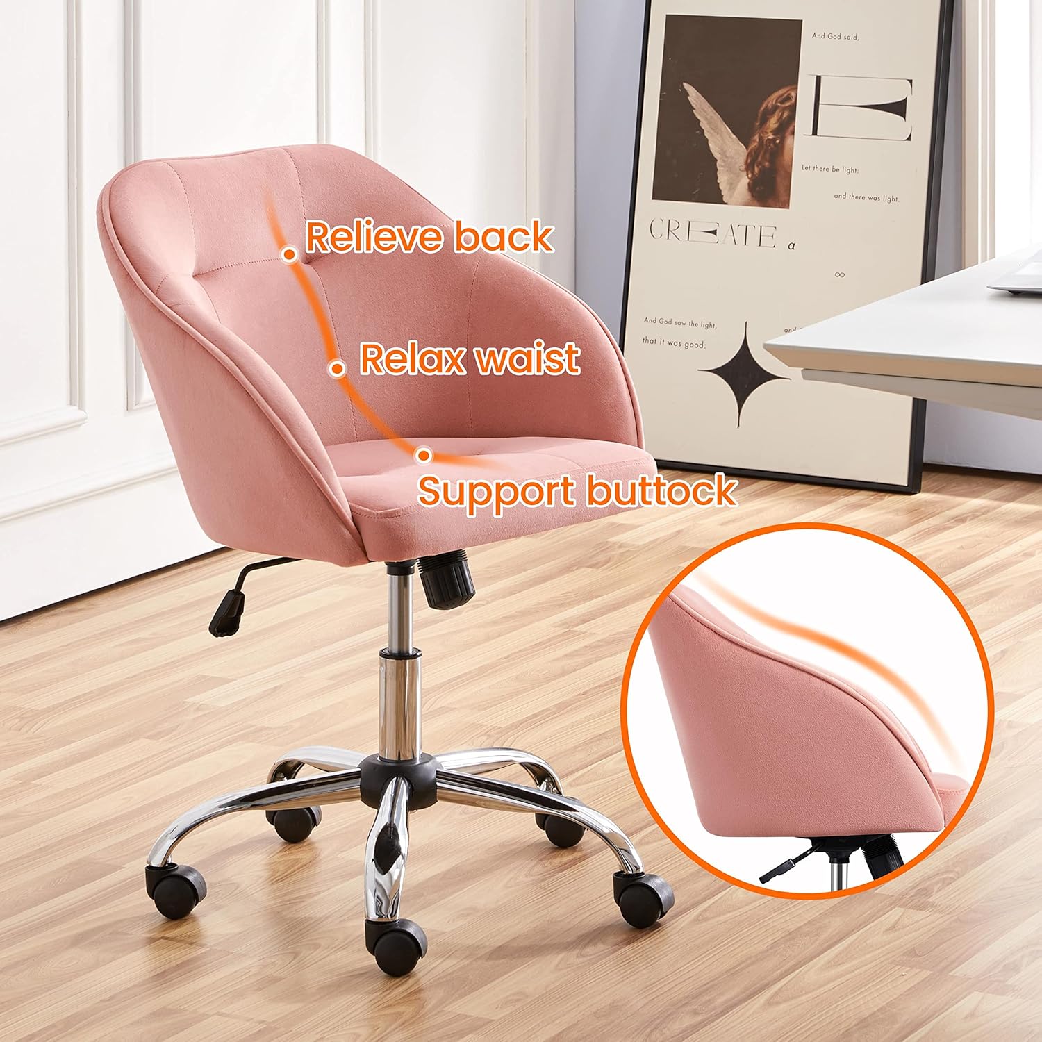 Yaheetech Pink Office Chair Small Cute Vanity Chair with Back Wheels Velvet Swivel Rolling Desk Computer Armchair for Bedroom Living Room