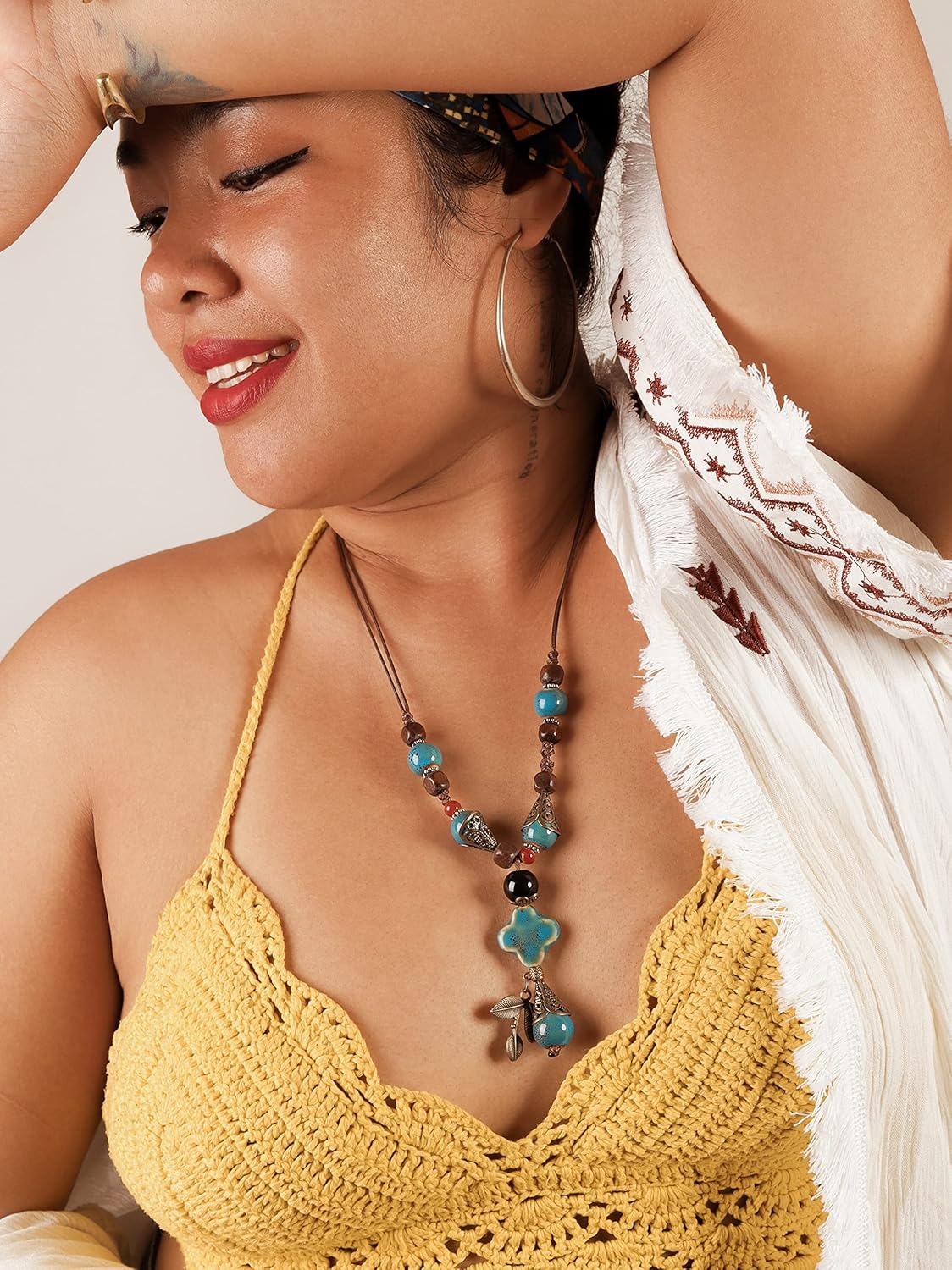 MINACHI Vintage Bohemian Ethnic Colorful Ceramic Bead Long Y Necklace, Hippie Boho Summer Fashion Jewelry Gift for Women - Image 6