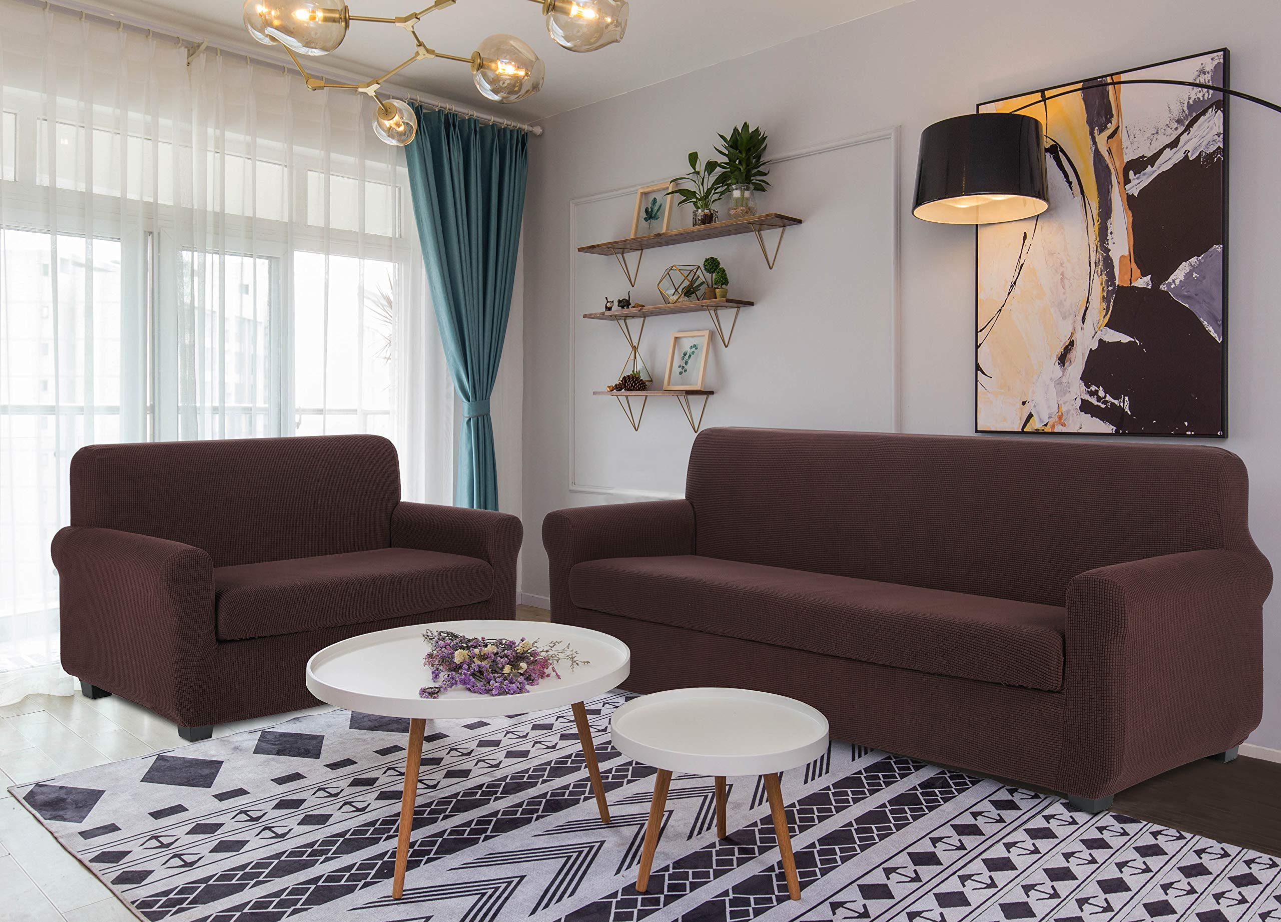 TIANSHU Fodera per Poltrona, Copri Poltrona 3 Posti Elasticizzato Jacquard Antiscivolo Copertura Poltrona Fodere Copridivani Contiene 1 copridivano e 1 coprisedile Divano (3 Posti, Cioccolate)