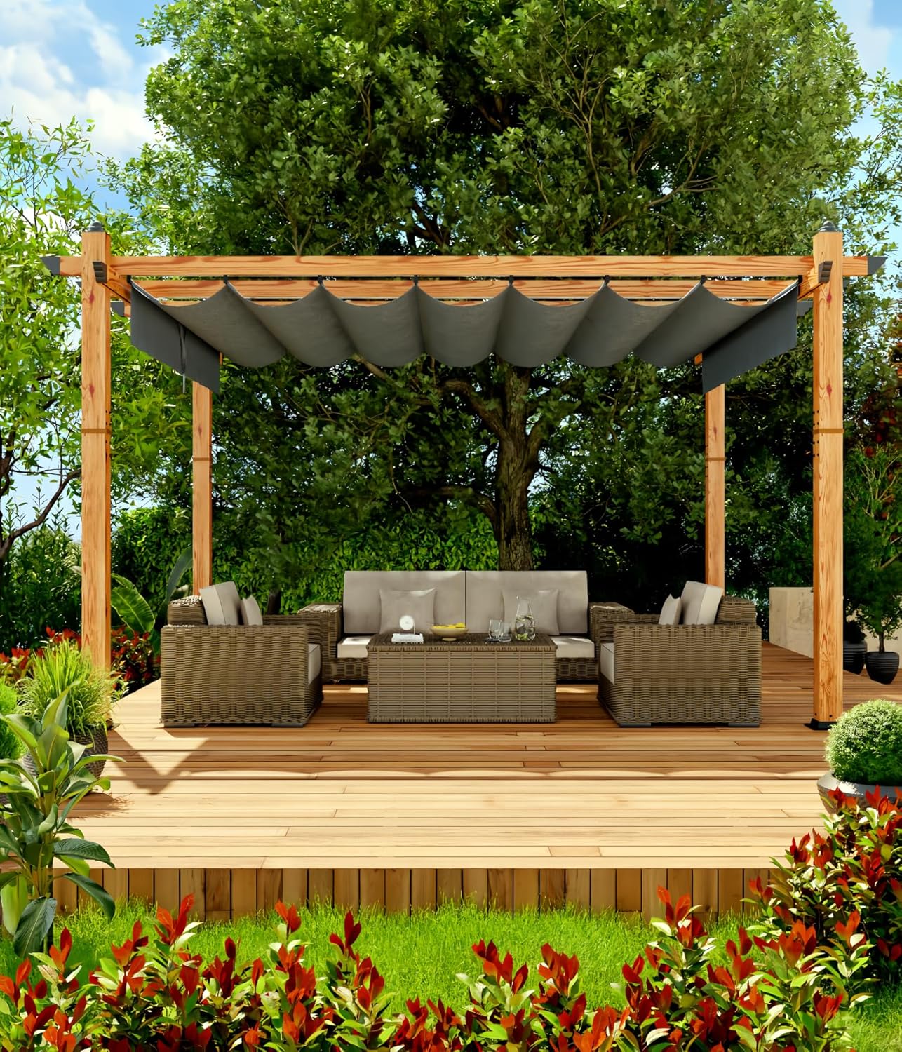 GAOMON 10x10 Ft Outdoor Pergola, Heavy-Duty Aluminum Patio Pergolas and Gazebos Clearance with Retractable Canopy Sun Shade, UV-Resistant Metal Pergola for Existing Deck, Backyard Garden Porch, Khaki