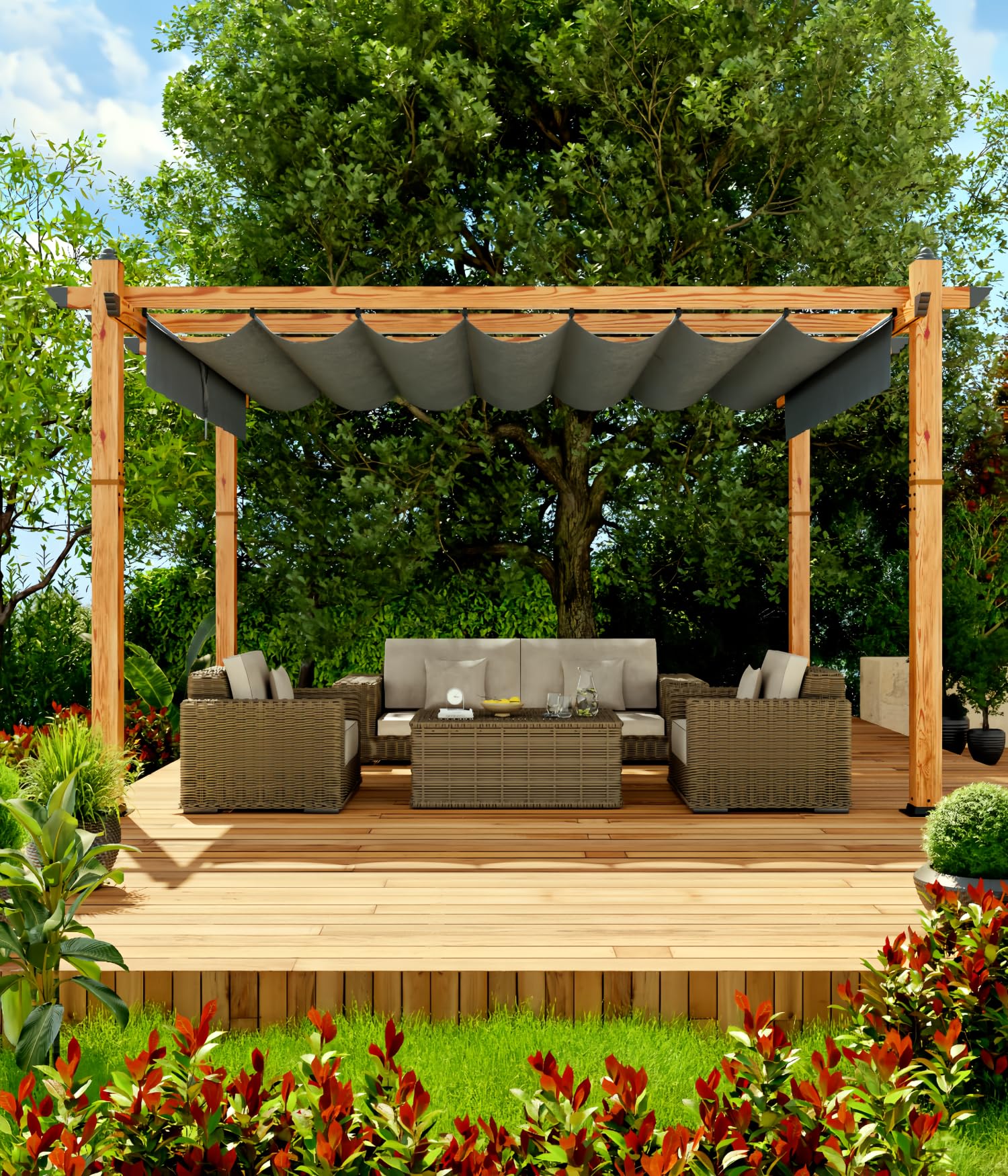 GAOMON Retractable Pergola 10' x 13' Aluminum Outdoor Pergola with Retractable Canopy Faux Wood Metal Pergolas for Patios, Backyard, Deck, Patio, Garden Porch Beach Pavilion Grape Trellis, Gray