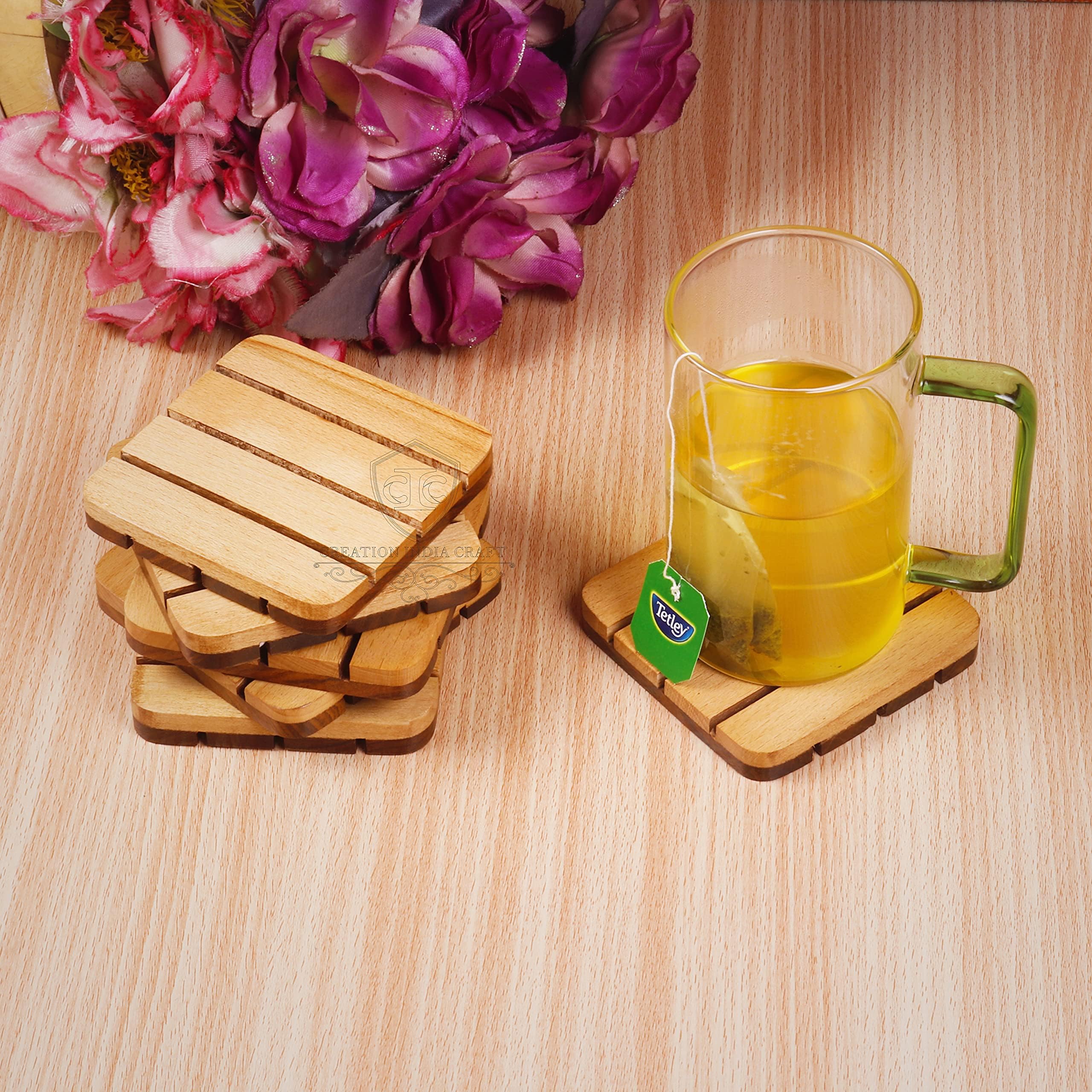 Creation India CraftWooden Tea Coasters Set of 6 with Stand Coasters for Office Coffee Mugs Coasters foe Decoration Multipurpose Coasters Set for Home & Table Decor