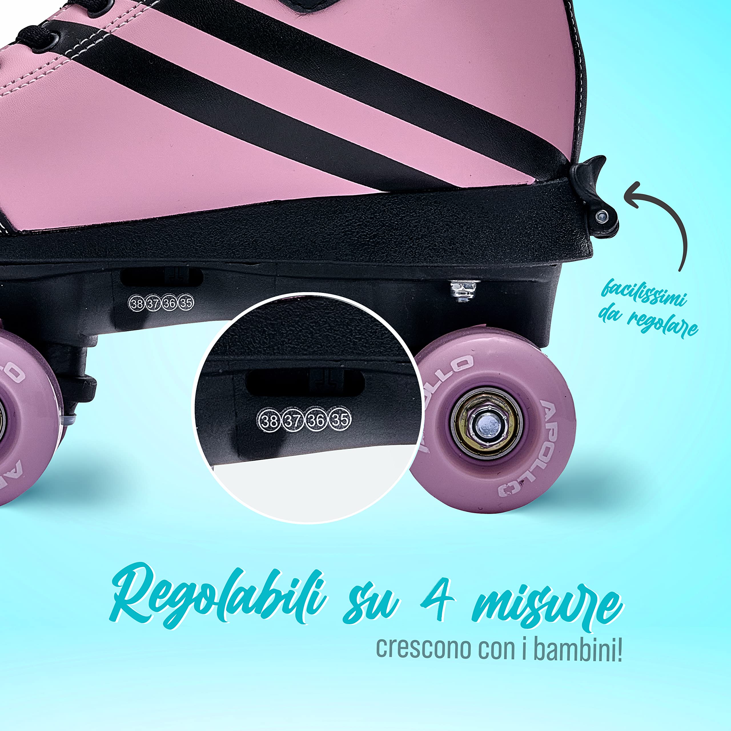 Apollo Pattini a Rotelle Stivaletti Morbidi | Pattini a 4 Ruote Regolabili (31-42 per Bambini | Comodi Pattini a Rotelle Donna e Uomo | Pattini a Rotelle Bambina | Pattini a Rotelle Bambino e Adulto