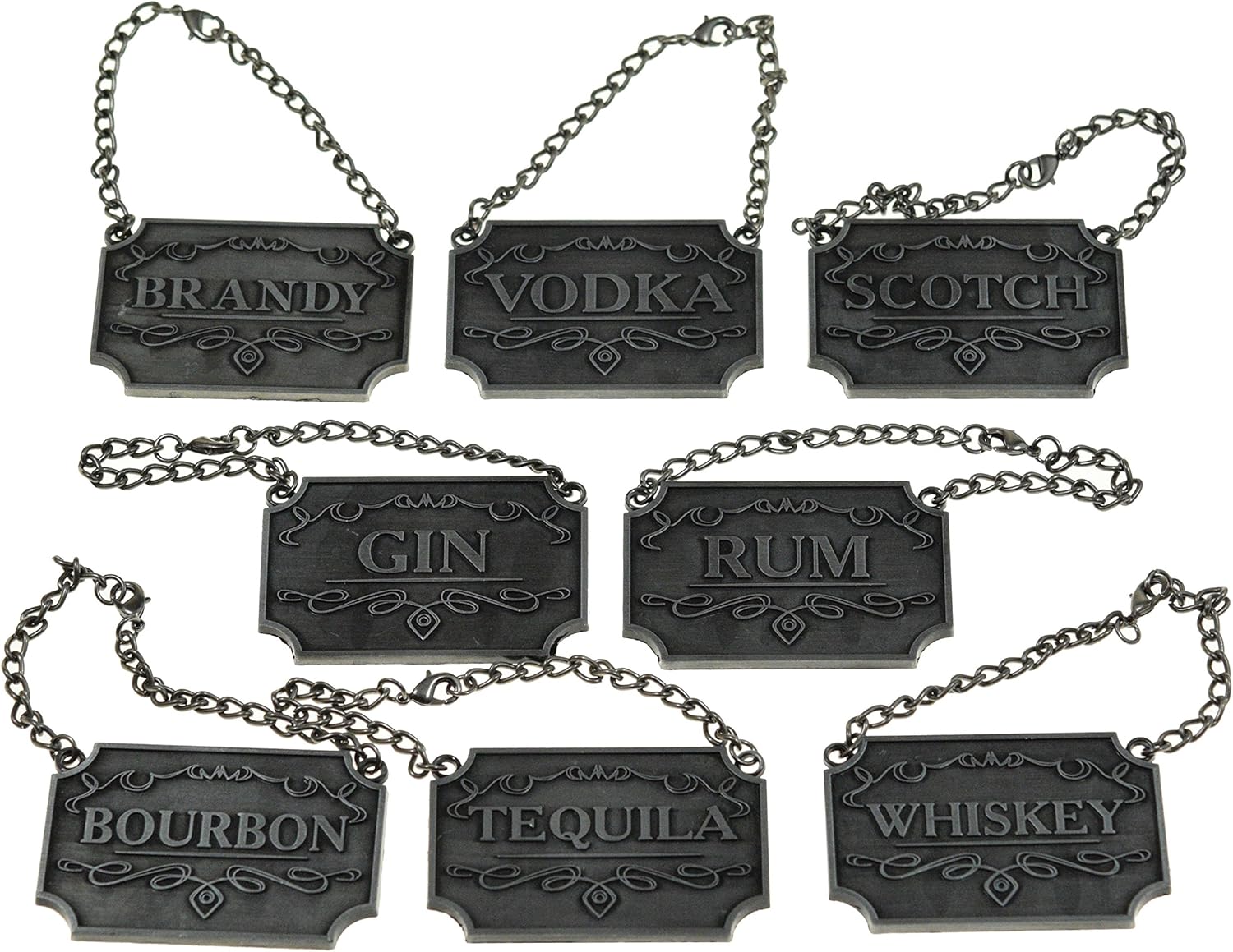 Decanter Tags - Liquor Decanter Labels (Set of 8, Rustic Silver) Liquor Tags: Whiskey, Bourbon, Scotch, Gin, Rum, Vodka, Tequila & Brandy - Liquor Bottle/Carafe Labels, Alcohol Name Tags for Bottles