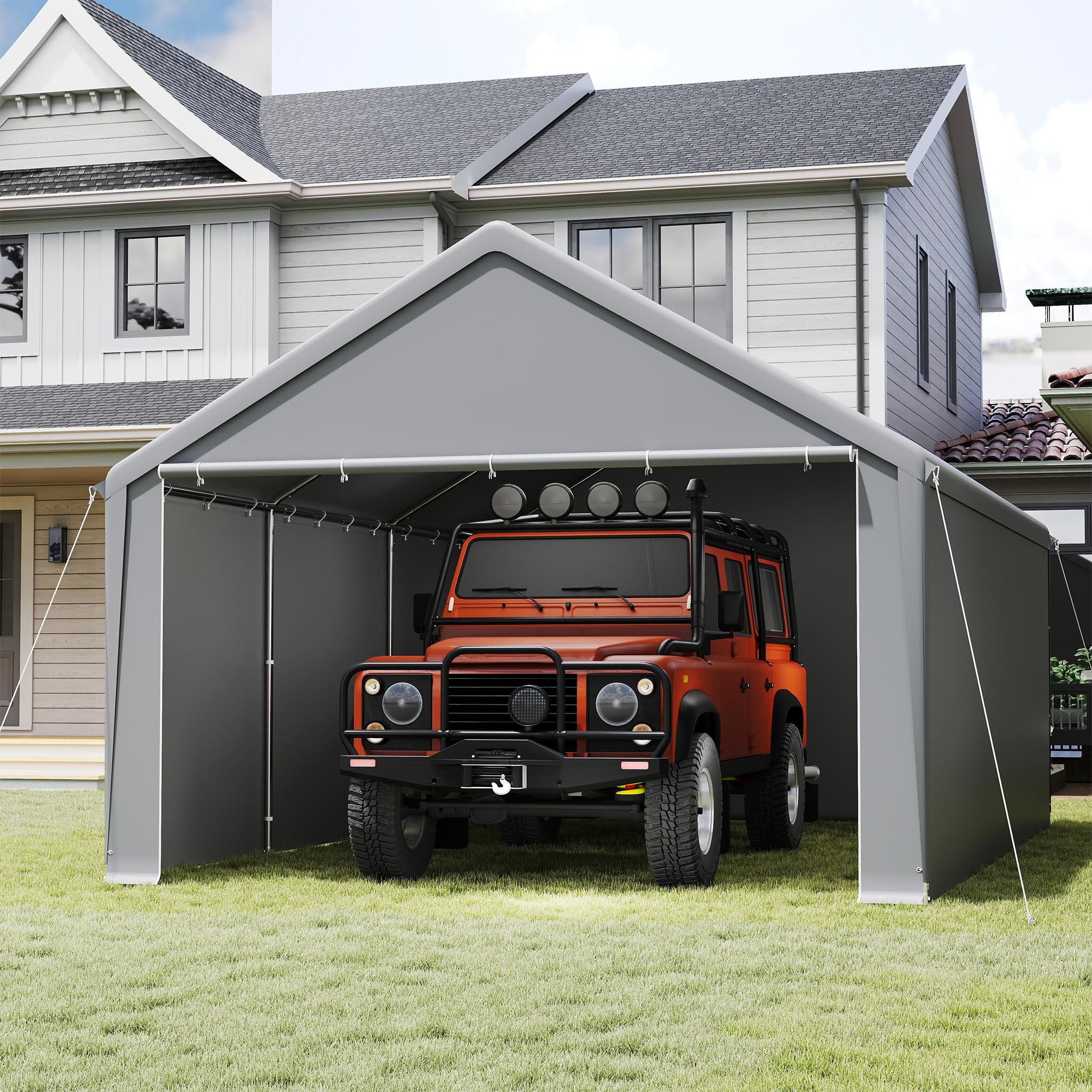 HENGMEI Zeltgarage Große Carport Garagenzelt Autoüberdachung Garagenüberdachung Lagerzelt UV-beständig Wasserdicht Unterstand mit Roll-up-Fenster (4x6 m, Grau)