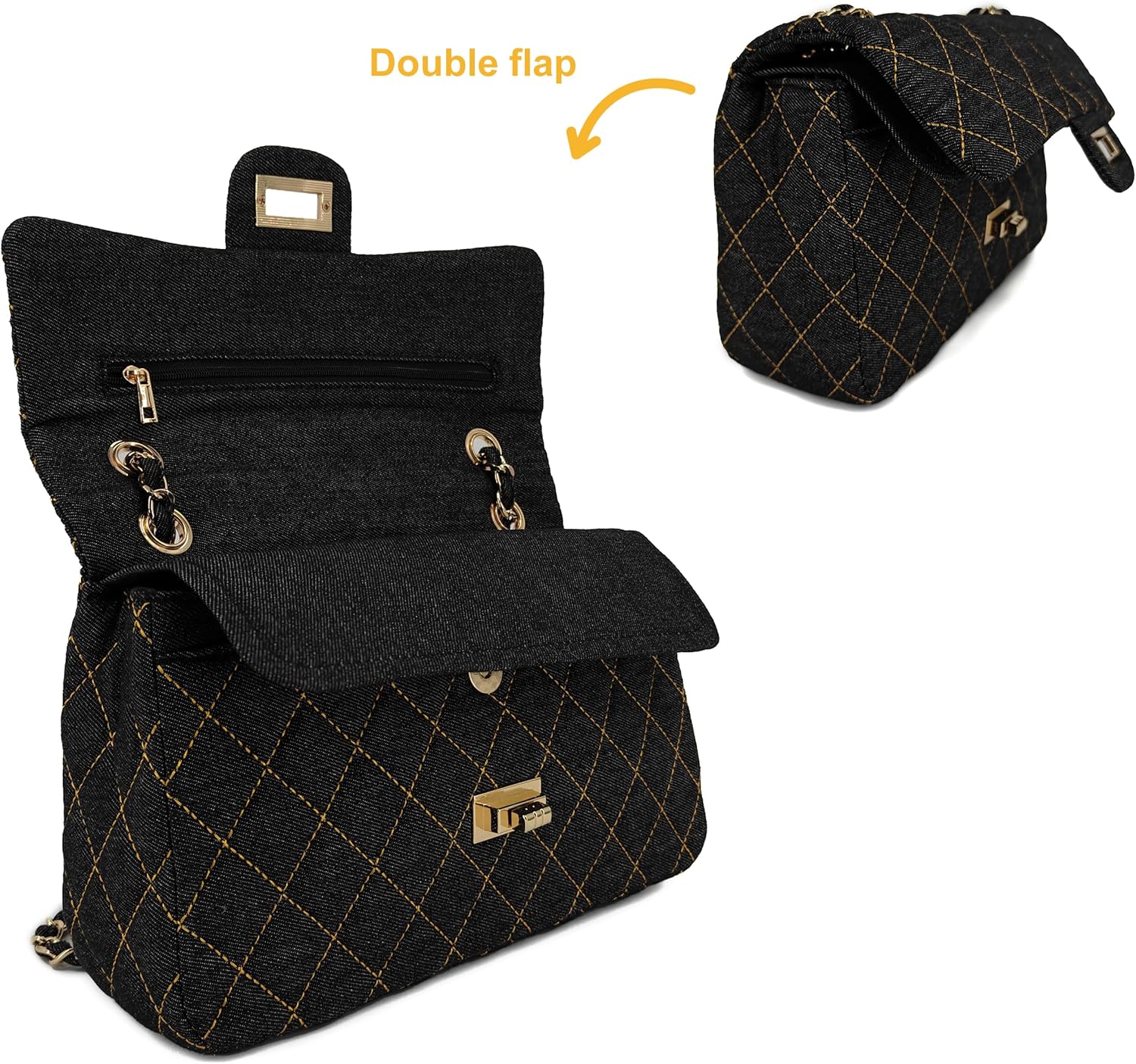Quilted Denim Crossbody Bags for Women, Chain Strap Shoulder Bags, Medium Double Flap Purse, Gold Hardware Jean Purse - Image 4