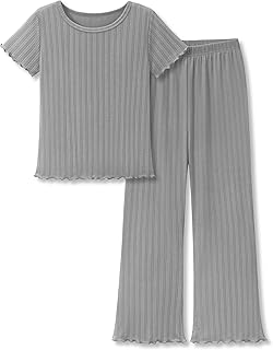 Beezizac Girls Pointelle Knit Pajamass, Flared Wide-Leg Pants, Sizes 6-18 | 2-Piece Breathable Floral PJs, Lettuce Trim, Short-Sleeve Crewneck, Elastic Waist, Raised Texture, Durable, Little & Big Kids