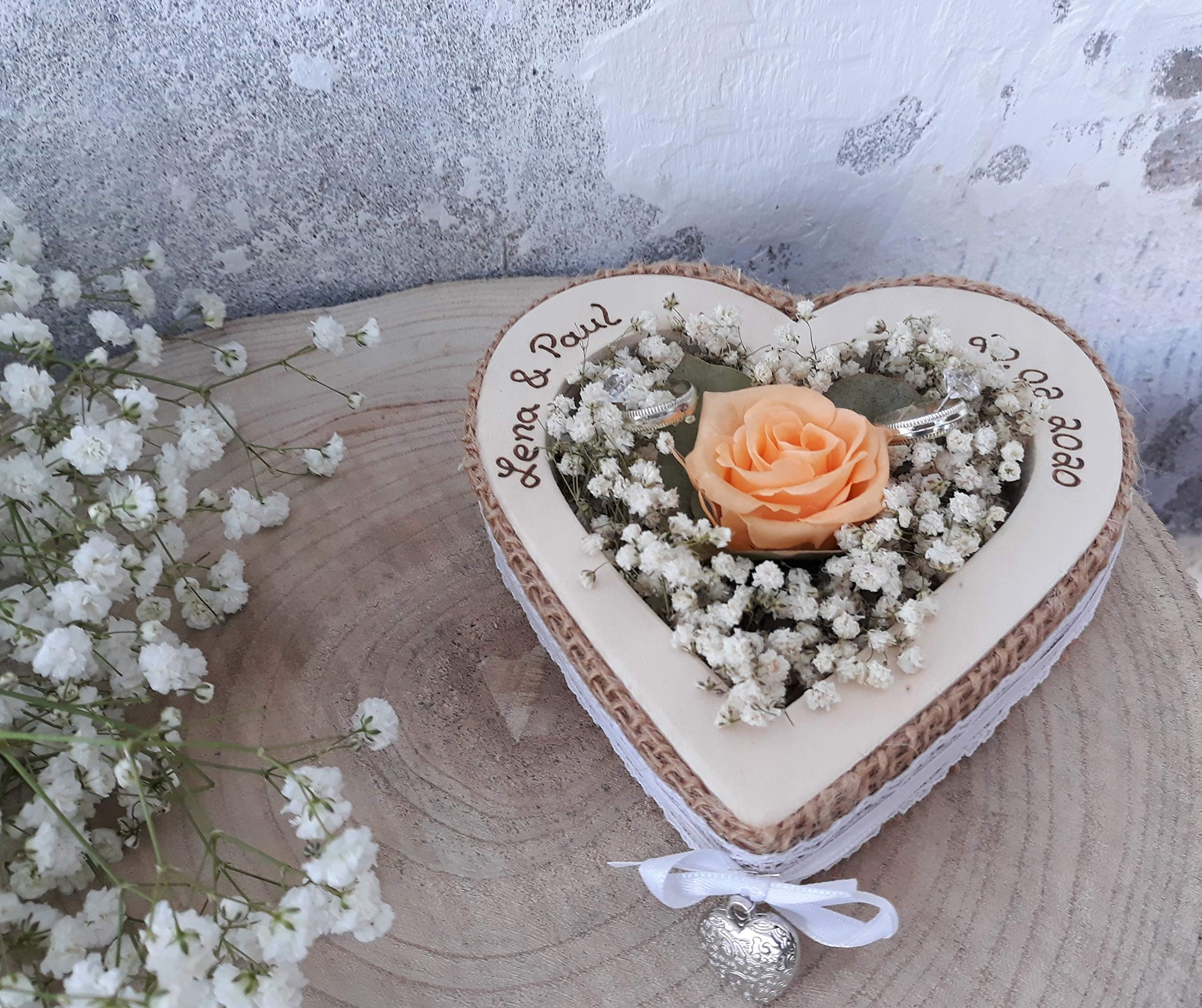 Hochzeit Ringkissen Ringhalter Herz Rose Loveliness apricot für Eheringe mit Namen