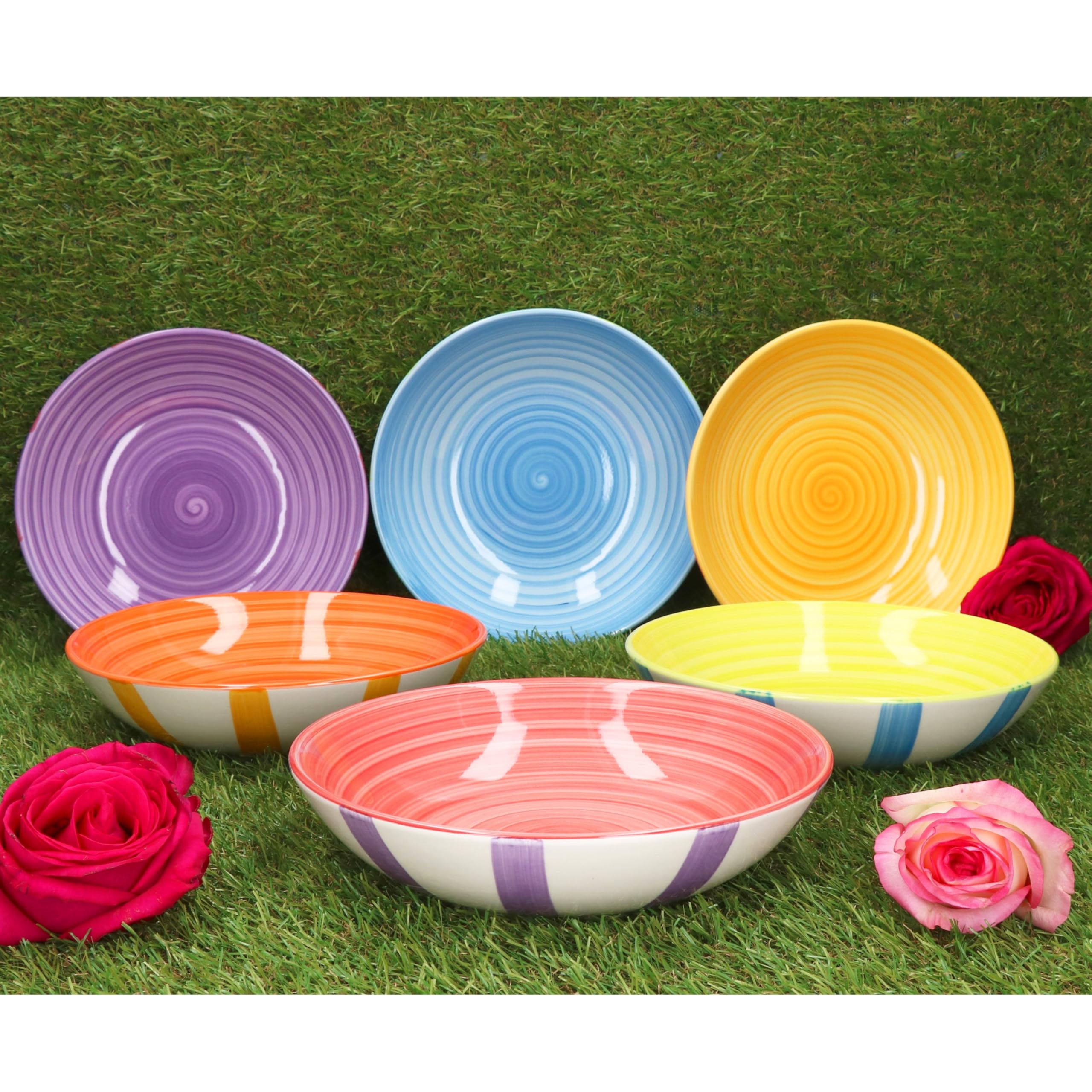 MamboCat Summer Stripes - Lot de 6 assiettes creuses - 600 ml - En faïence avec rayures colorées - Pour 6 personnes - Pour salade, soupe, céréales, pâtes, etc.