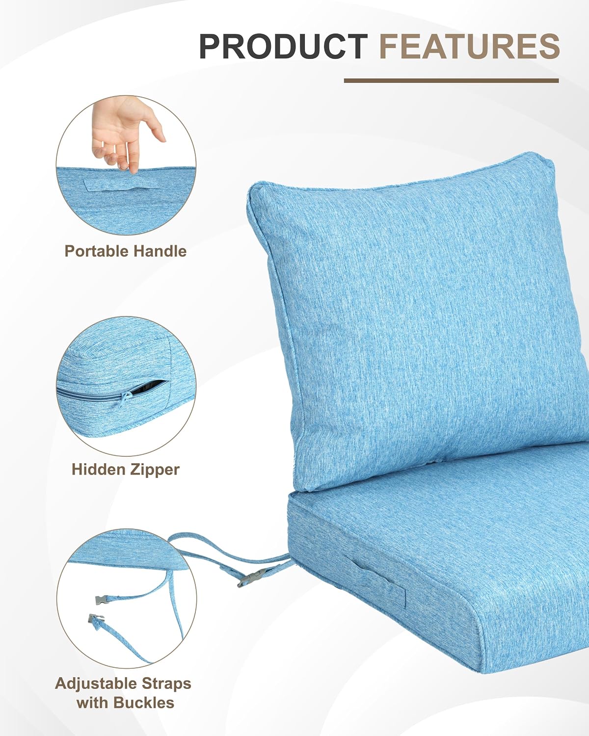 BPS 19 x 19 Inch Outdoor Chair Cushion Set, Fade-Resistant and Water-Resistant Solution-Dyed Polyester Fabric Patio Deep Seat Cushion with Removable Cover and Straps for Outdoor/Indoor Use