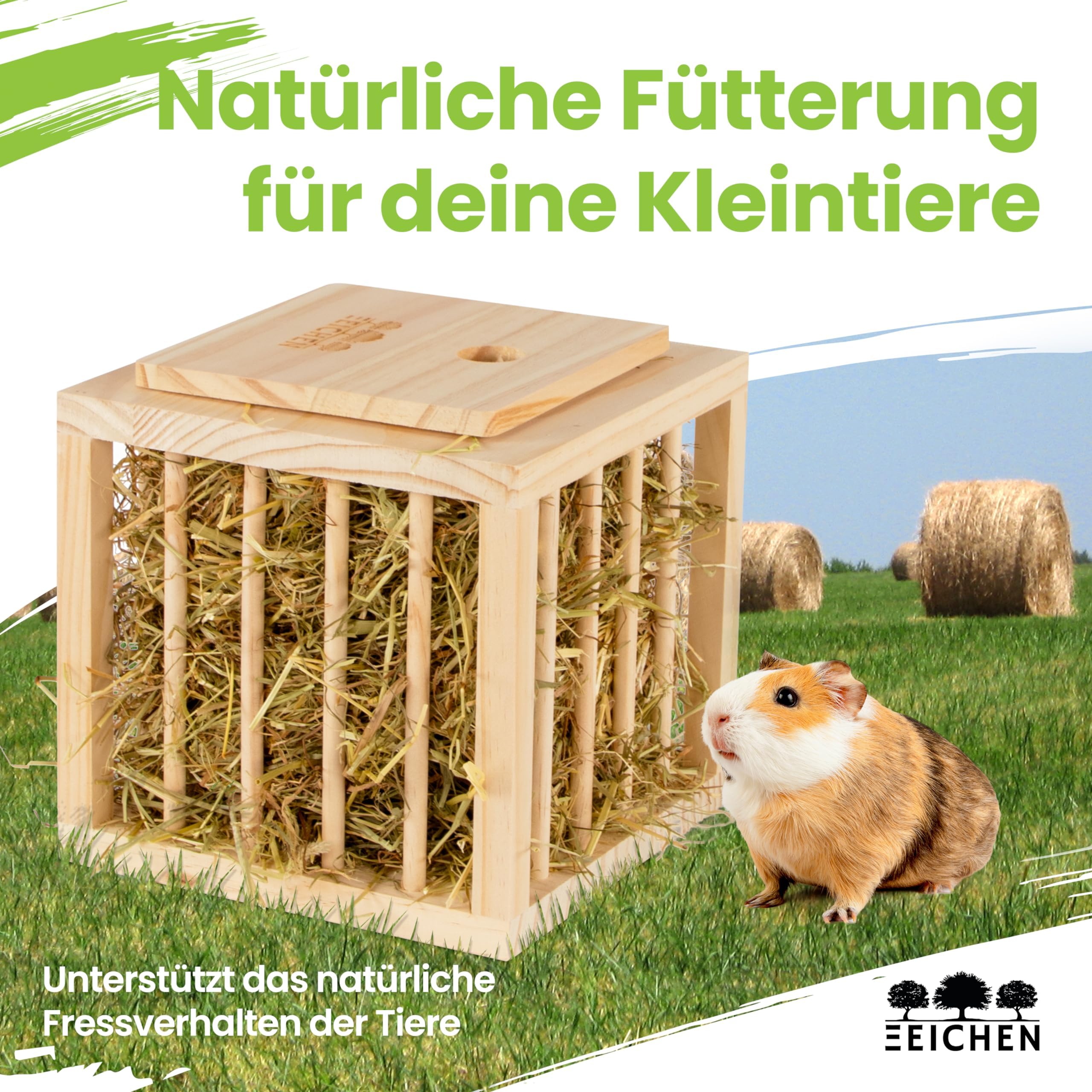 Heuraufe Kaninchen, Hasen, Hamster. Stabiler Stand in Würfelform. Unbehandeltes Naturholz. Perfekt für den Kaninchenstall. Heuraufe Meerschweinchen. Heu. Zubehör. Groß. Stehend | Drei Eichen