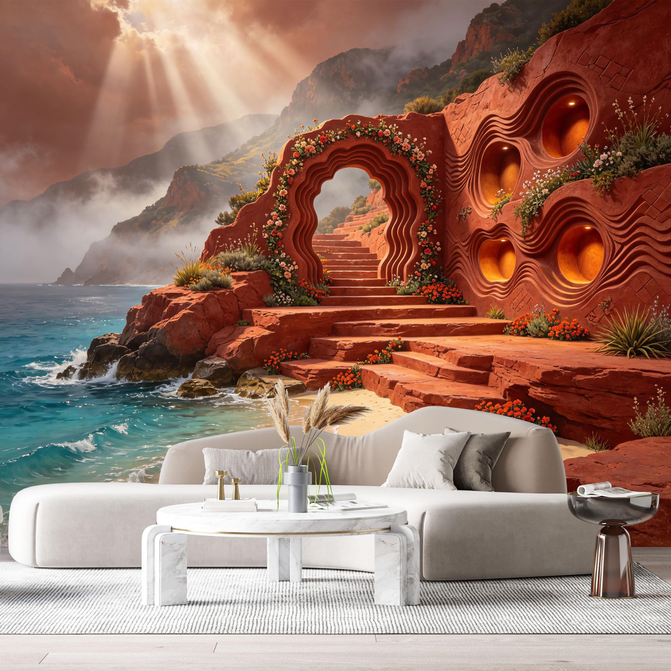 Custom Size Wall Murals Organic Cliffside Architecture Coastal Ocean Sunset 3D Trompe L'Oeil SelfAdhesiveWall Fabric Removable Wallpaper Wall Decor for Living Room Bedroom Bathroom