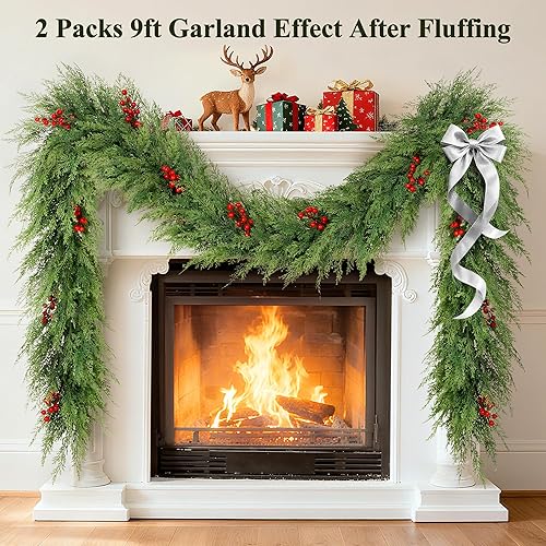 Miniatura 2 de Guirnalda de Navidad de 9 pies, guirnalda de ciprés de cedro artificial con bayas rojas, guirnalda de pino sintético flexible para mesa, escaleras,