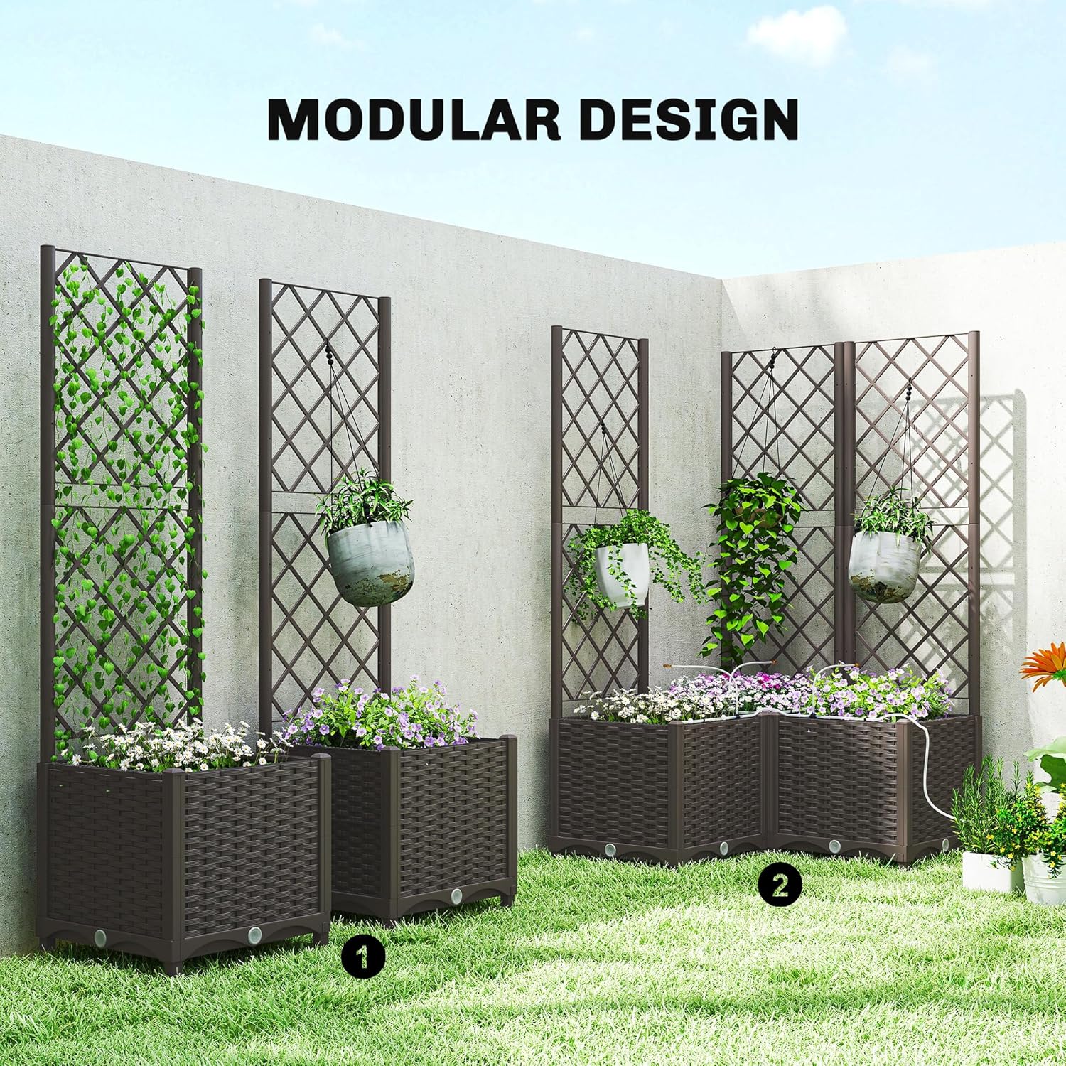 Outsunny 3PCS Plastic Planter Box with Trellis, Self-Watering Raised Garden Bed with Trellis and Automatic Watering Timer Kit, Outdoor Raised Planter with Drainage Holes, Plugs and Water Reservoir