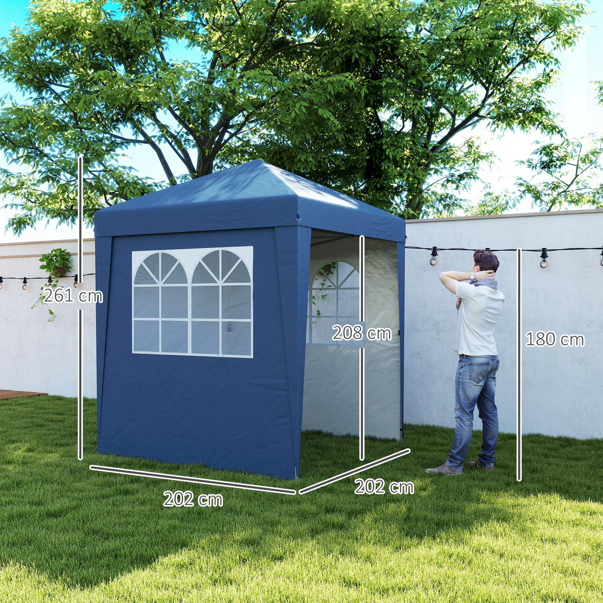 Outsunny Tonnelle de jardin pliante pop-up 2 x 2 m tente de réception hauteur réglable 3 niveaux Anti-UV 30+ 3 parois latérales avec 4 sacs de sable et 1 sac de transport tissu Oxford acier bleu foncé