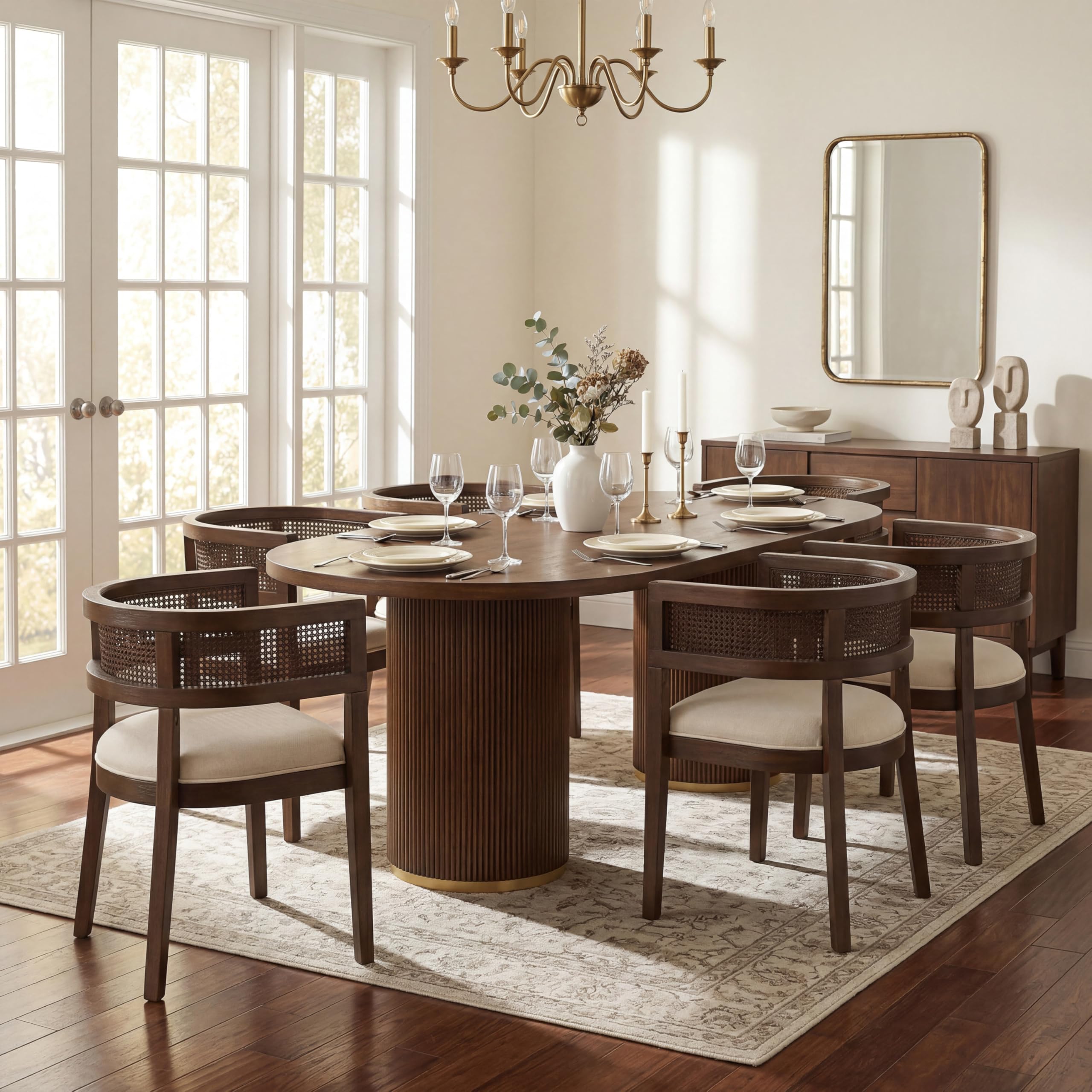 Photo 1 of ***6 BOXES MISSING 1 BOX***Christopher Knight Home 7 Piece Dining Table Set for 4-6, 88" Oval Dining Room Table Set with 6 Upholstered Rattan Back Chairs, Modern Farmhouse Kitchen Table and Chairs Set for Dining Room, Walnut