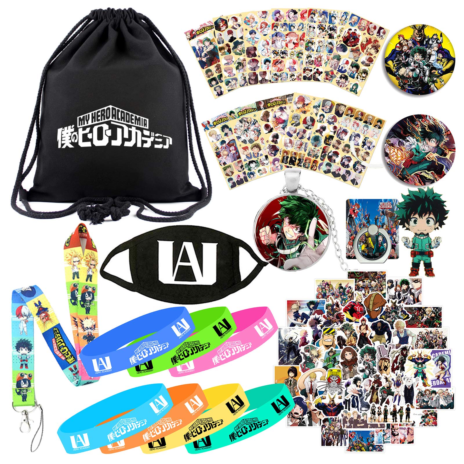My Hero Academia Heroes Rising MHA Backpack Set for Anime Fans 1 Drawstring Bag 1 Face Mask 7 Silicone Bracelet 12 Sheet of Sticker 1 Lanyard 1 Necklace 1 Keychain 2 Pins 1 Phone Ring