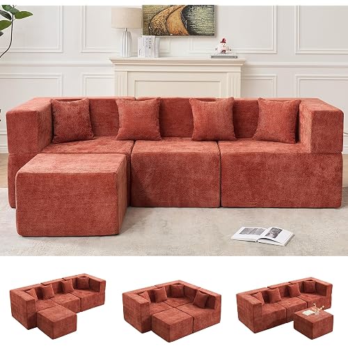 MONVANE 103'' Modular Sectional Sofa, Cloud Sectional Couch with Ottoman, Convertible Chenille L Shaped Couch with Deep Seat, Sectional Couches for Living Room Bedroom, No Assembly Required, Rust Red