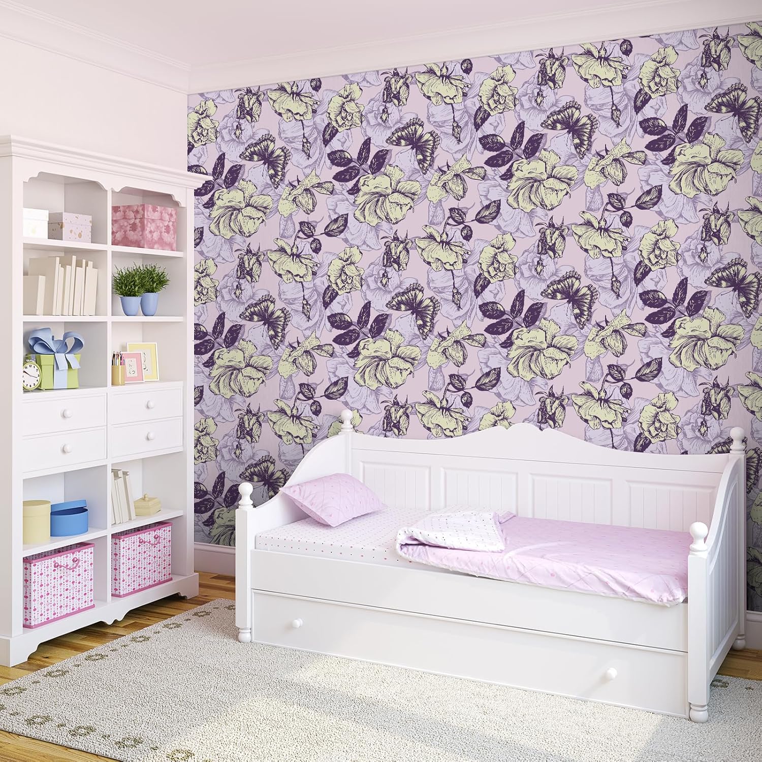 VaryStyle 17.7"x393" Purple Floral Peel and Stick Wallpaper - Vintage Butterfly Rose Pattern for Bedroom, Bathroom, Walls, Drawers, Shelves