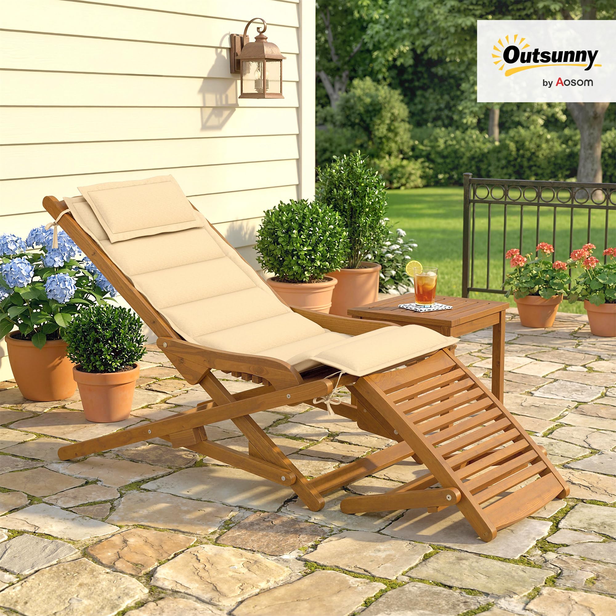 Outsunny Tumbona Silla Plegable de Madera de Acacia 158x61x70 cm Beige | Silla de Jardín Exterior, Reposapiés Desmontable, Cojín con Reposacabezas, Carga 160 kg, para Terraza, Patio, Playa