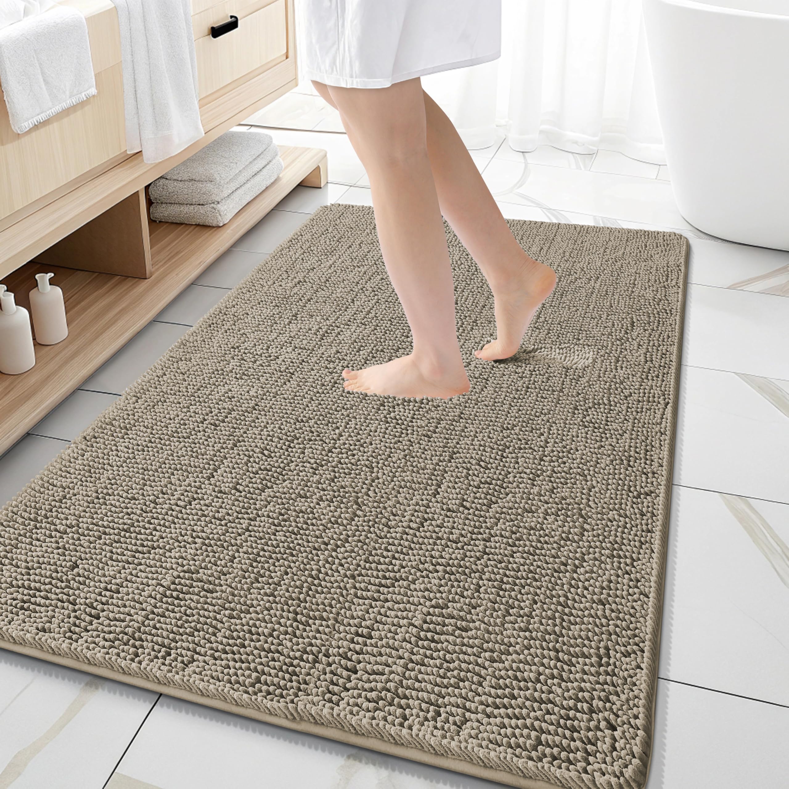 OLANLY Large Bathroom Rugs 59x35, Extra Soft Absorbent Chenille Bath Rugs | Warm Taupe, Quick-Drying Rubber Backing, Machine Washable Bath Mat for Bathroom Floor, Tub and Shower, Home Decor Accessories