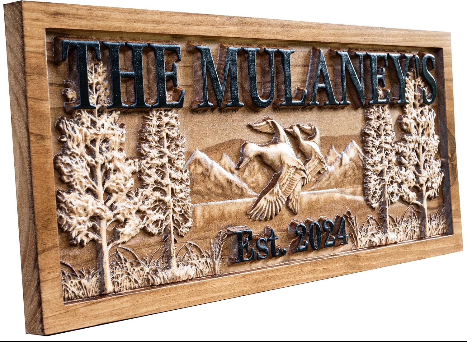 Personalized Wood Name Sign Duck Hunter Gift Custom Carved Cabin Gift Man Cave Wedding Family Last Name Established Camp Lake House Décor