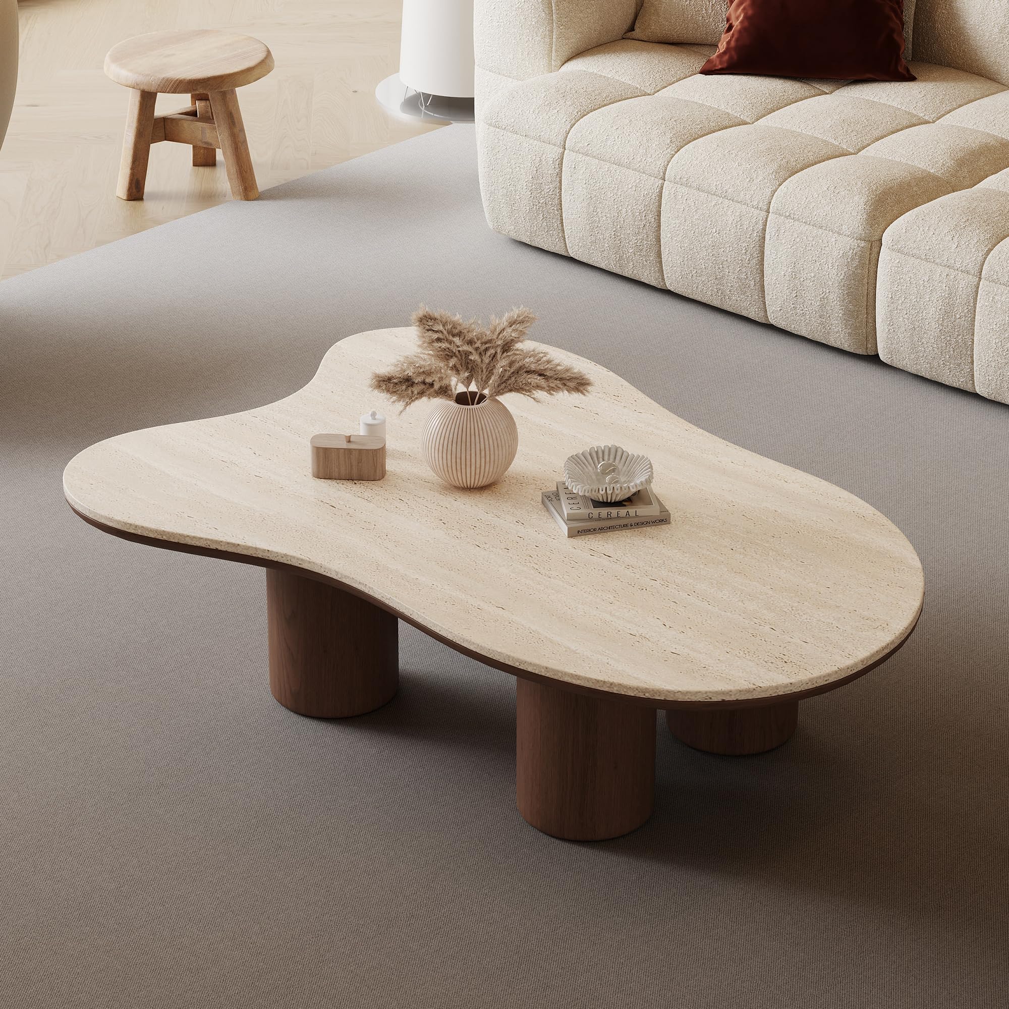 cloud shape coffee table, walnut wood coffee table for living room, irregular indoor tea table, 40" modern home end table with 4 legs(stone, brown) ( missing legs and has a broken piece showing in pic)