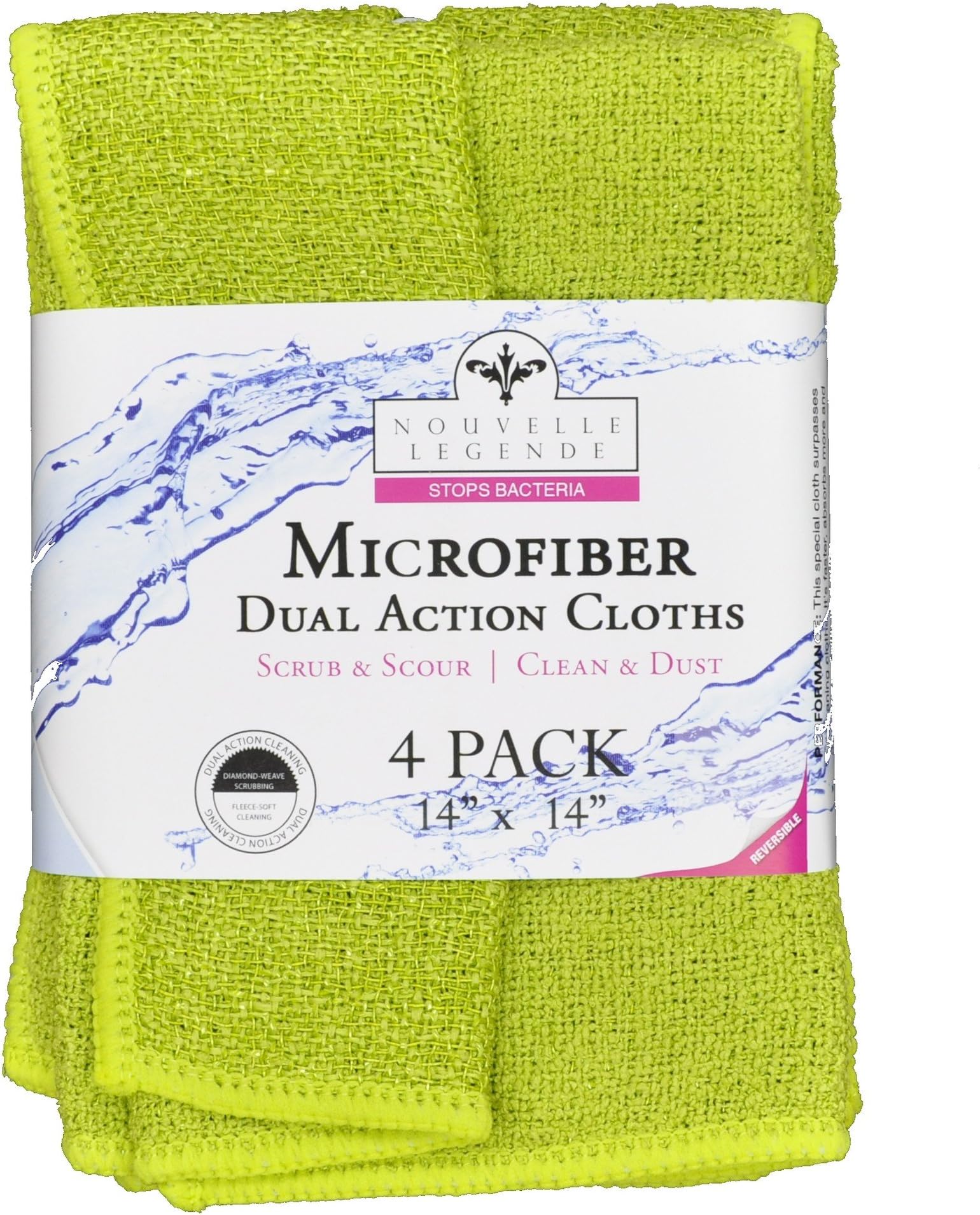 Nouvelle Legende Microfiber Dish Cloths for Washing Dishes with Poly Scour Side โ Kitchen Cleaning Rags with Scrubbing Mesh โ 315 GSM, 14 x 14 Inches, Green 4-Pack