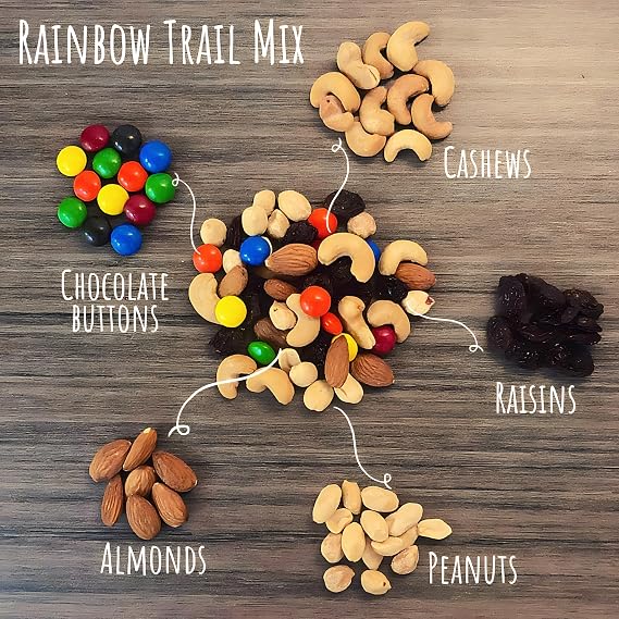 Rainbow Trail Mix by Premium Orchard + Fruit Nut Trail Mix Gourmet Trail Mix Bulk Blend Variety Pack Peanuts Raisins Cashews Almonds Chocolate Buttons