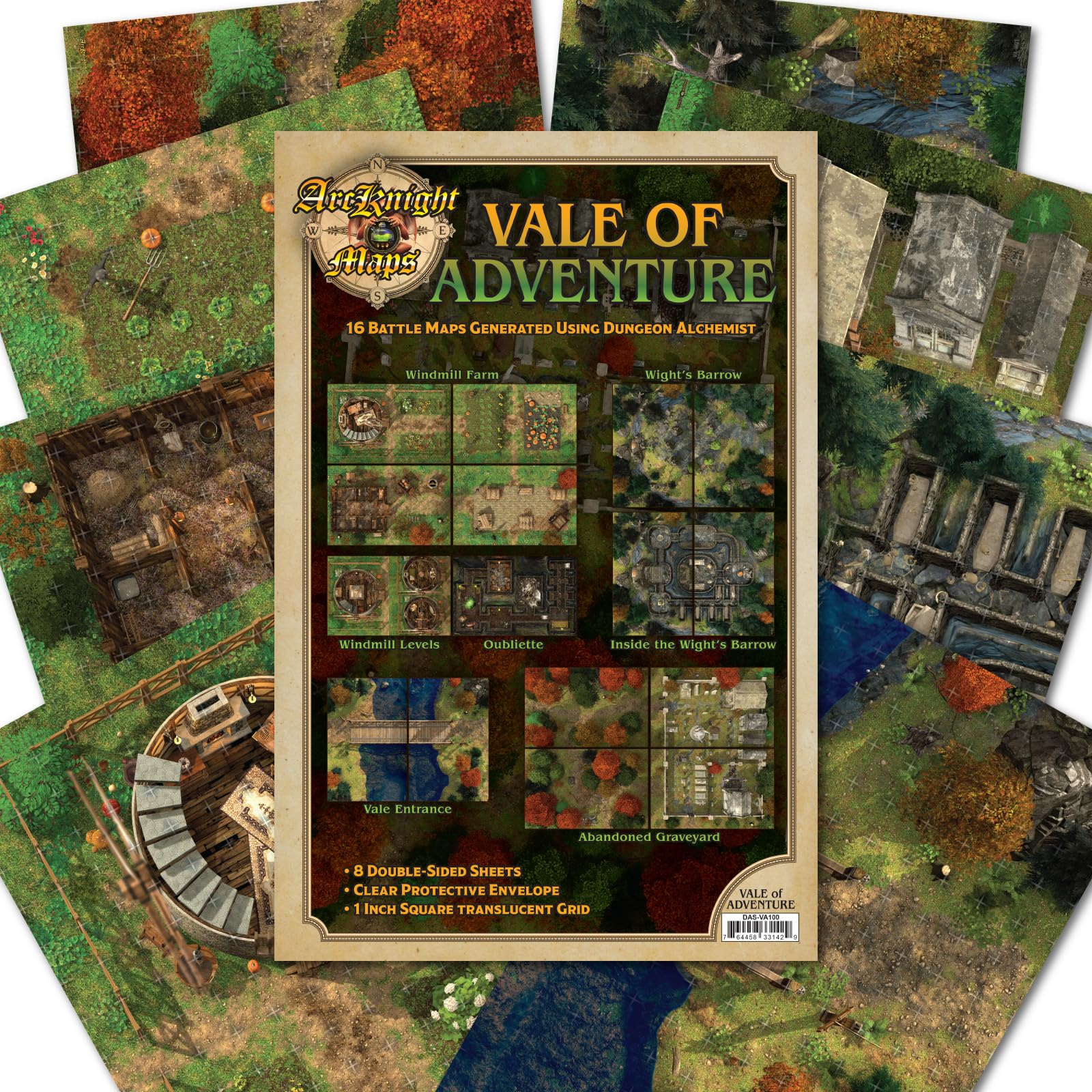 Arcknight The Vale of Adventure Roleplaying D&D Battle Map; 16 Modular RPG Maps in 8 Double-Sided Pages, 1" Square Grid, Modular & Versatile DND Map for ttrpg Gaming - for Dungeons & Dragons