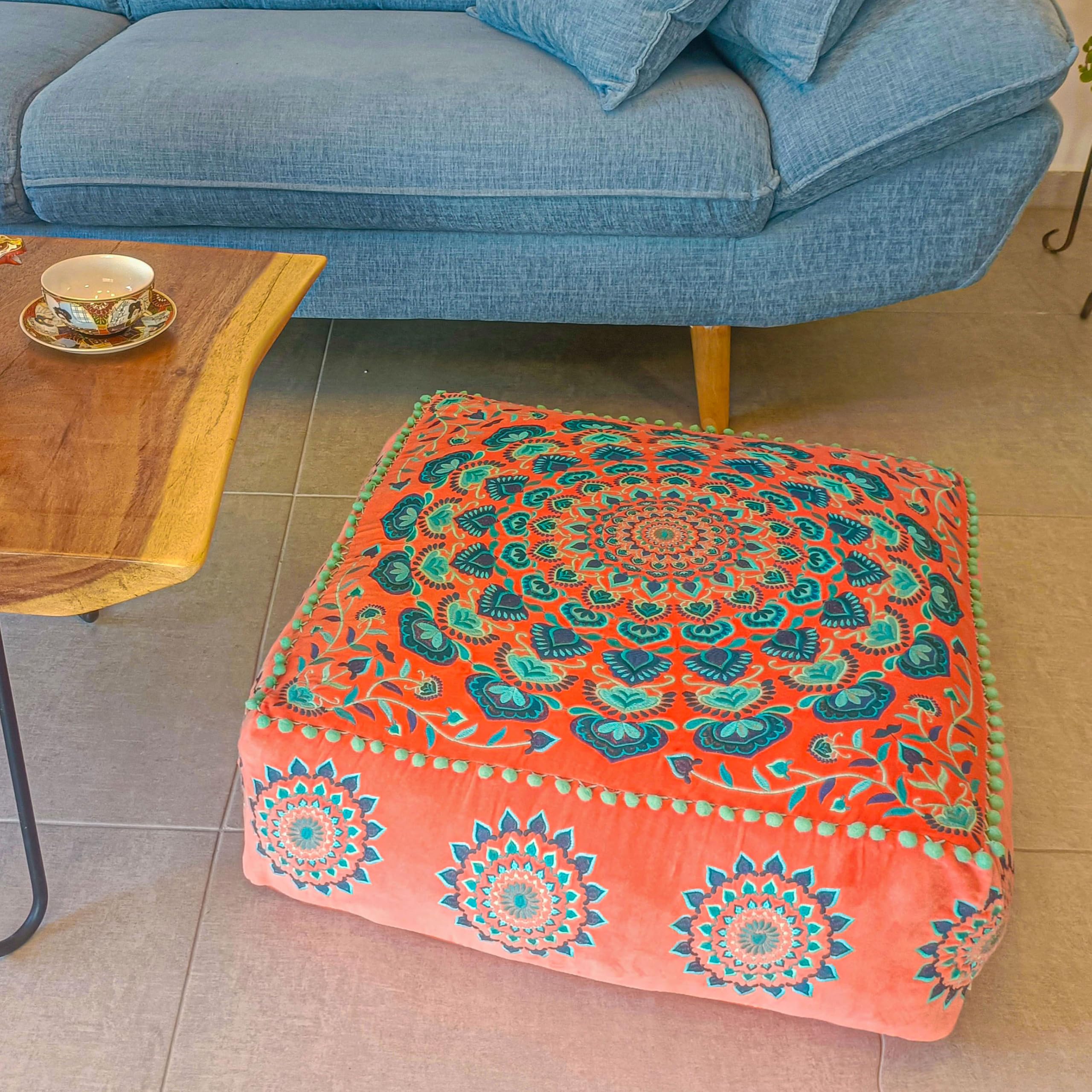 Mandala Life ART Orange Velvet Pouf Cover - Soft Sqare Floor Pillow - Embroidered Ottoman Slipcovern, 24x24x8 Inches, Ideal for Living Room, Bedroom, or Meditation Space - Boho Decor Cushion