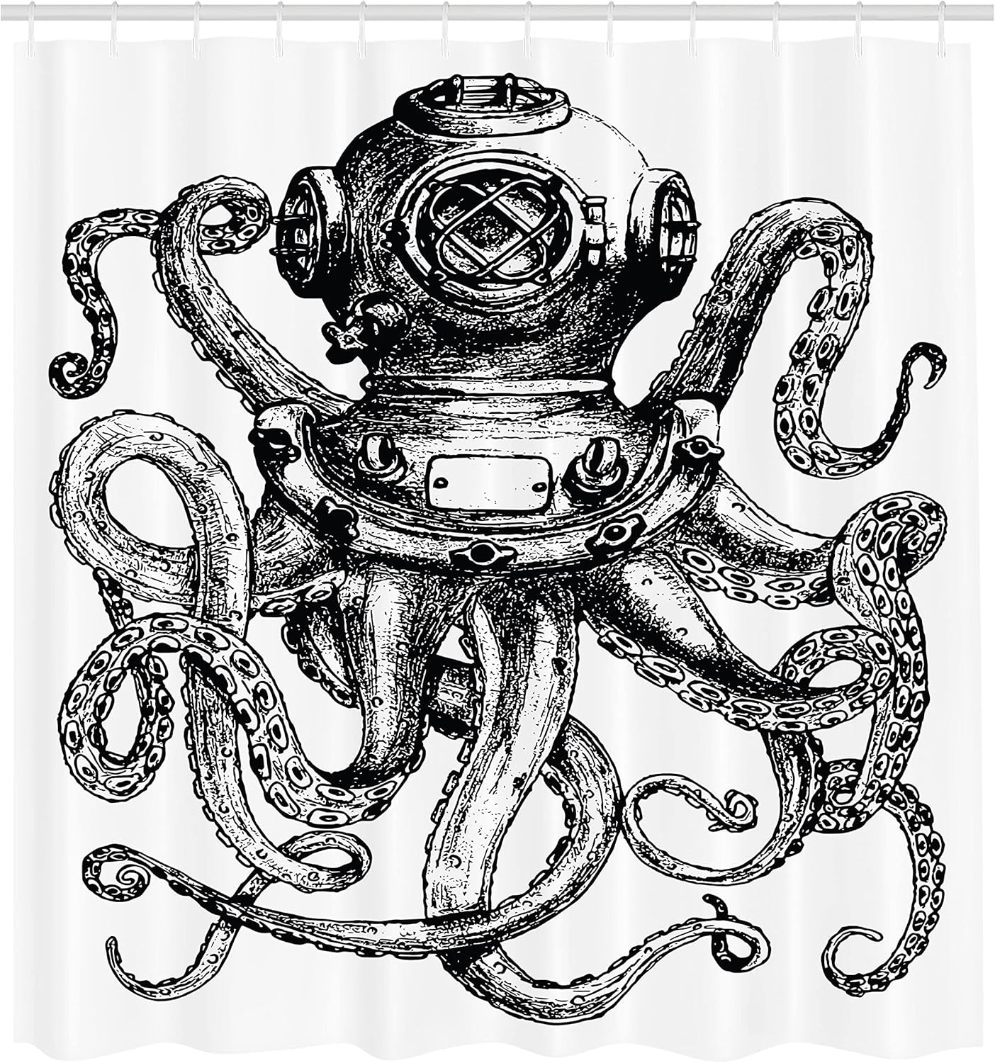 Ambesonne Octopus Shower Curtain, Vintage Style Diver Octopus Marine Animal Tentacles Scuba Concept, Cloth Fabric Bathroom Decor Set with Hooks, 69" W x 70" L, Charcoal Grey and White