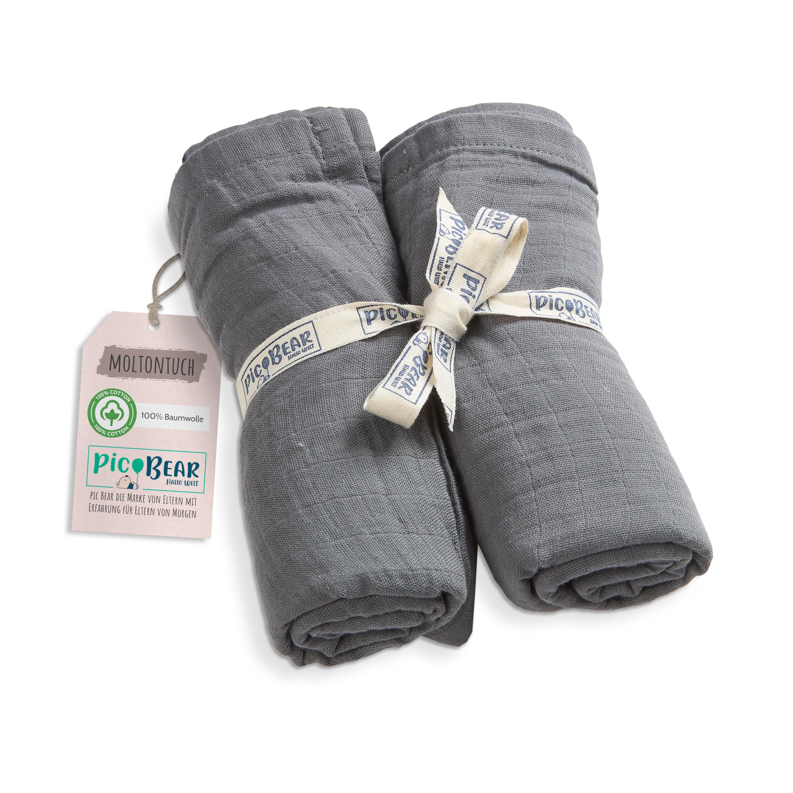 pic Bear Musselin Molton Tücher 80x80cm - Ultra-weiche Multitalente für Babyalltag: Spucktuch, Schmusetuch & mehr - 100% Baumwolle - 2er Pack (Granit)