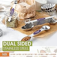Vista 4 de Spring Chef Juego de 8 cucharas medidoras magnéticas de acero inoxidable morado con nivelador, cucharadita de metal de doble cara y cucharada
