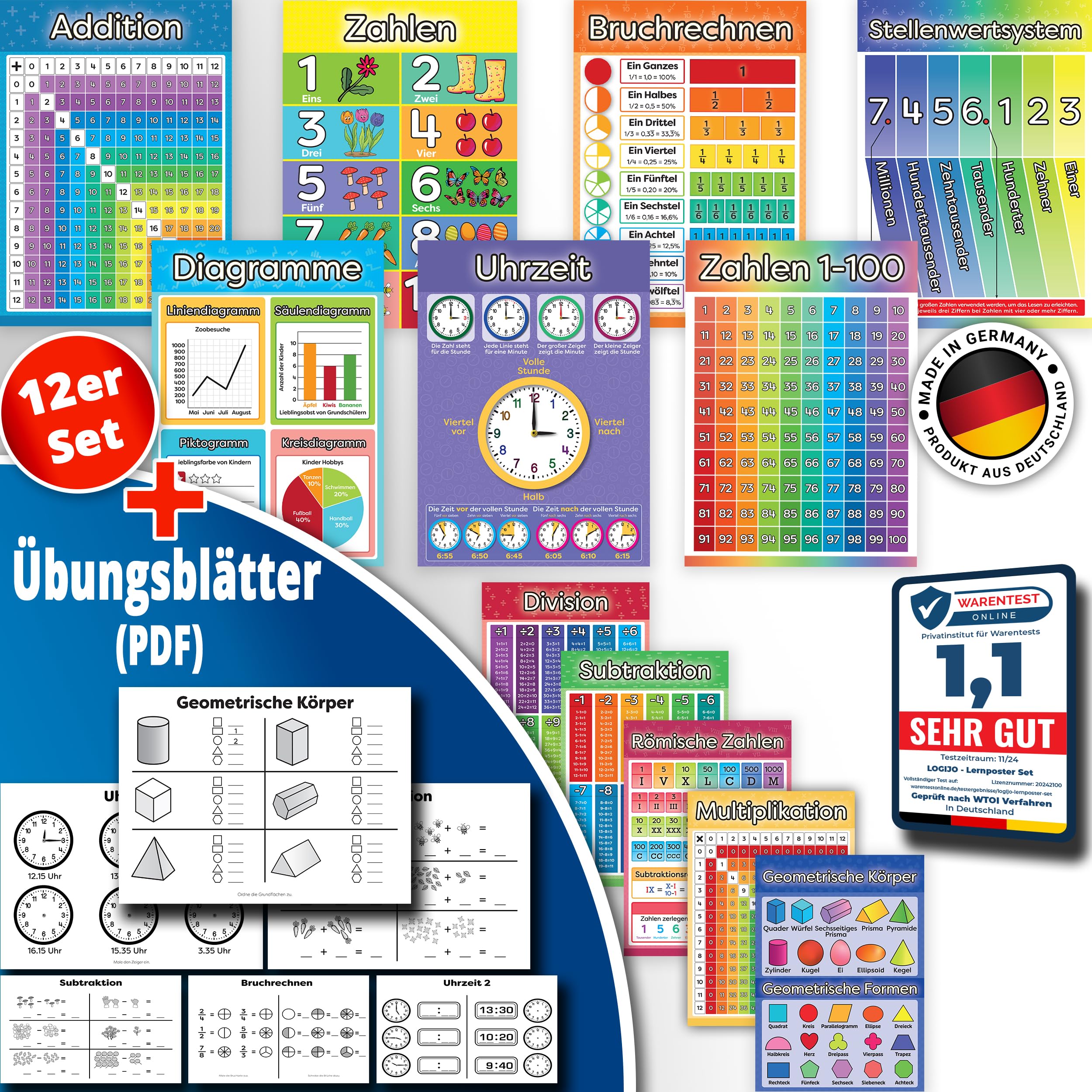 LOGIJO® 12 poster educativi Montessori Matematica A4 satinato apprendimento numeri calcoli base