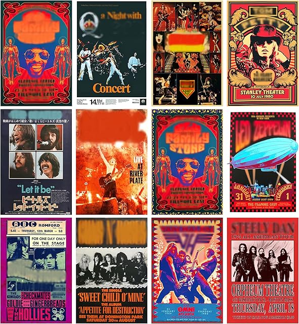 EDUS 12PCS Rock Band Posters, Vintage Rock Band Wall Collage Kit for Room Aesthetic 90s, Retro Music Concert Album Wall Decor (8x12 inch), Band Posters Vintage Room Decor, 70s Decor