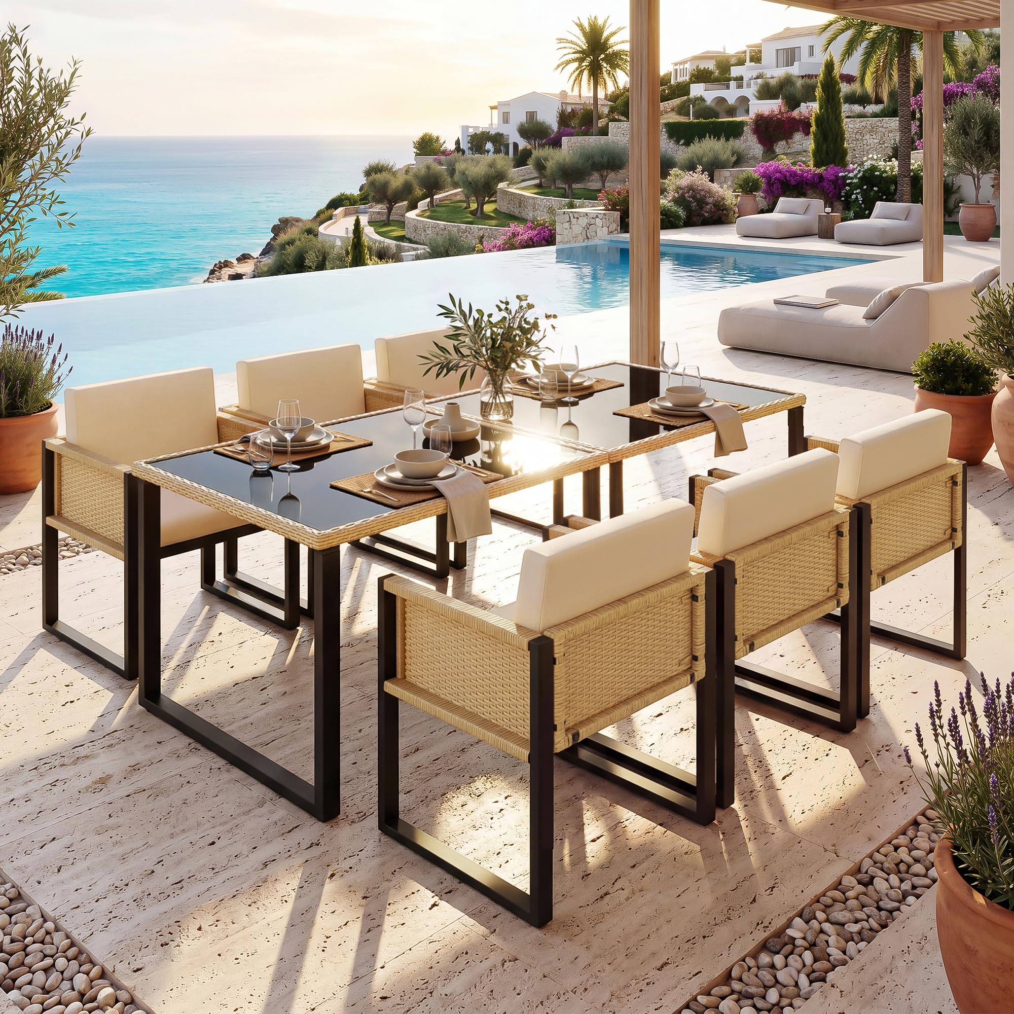 Table et Chaise de Jardin Exterieur 6 Personnes–Ensemble Repas avec Plateau Verre et Coussins Déhoussables–Structure Acier Anti-Rouille,Rotin Tressé – Idéal pour Terrasse et Jardin (Brown Noir)