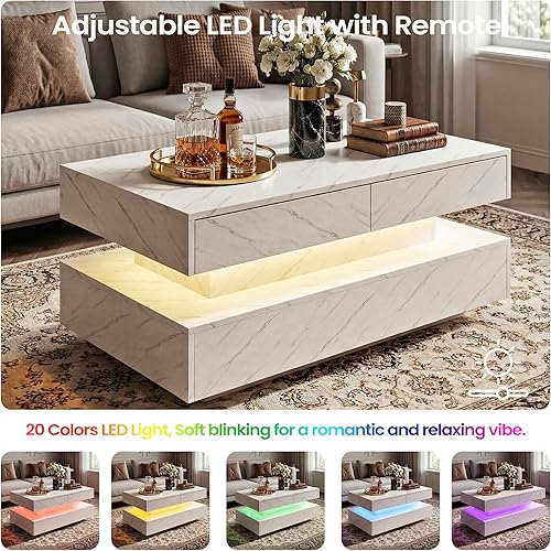 Miniatura 3 de Mesa de centro para sala de estar, mesa de centro moderna con 2 cajones de almacenamiento, mesa central de 2 niveles de madera con luces LED de 20