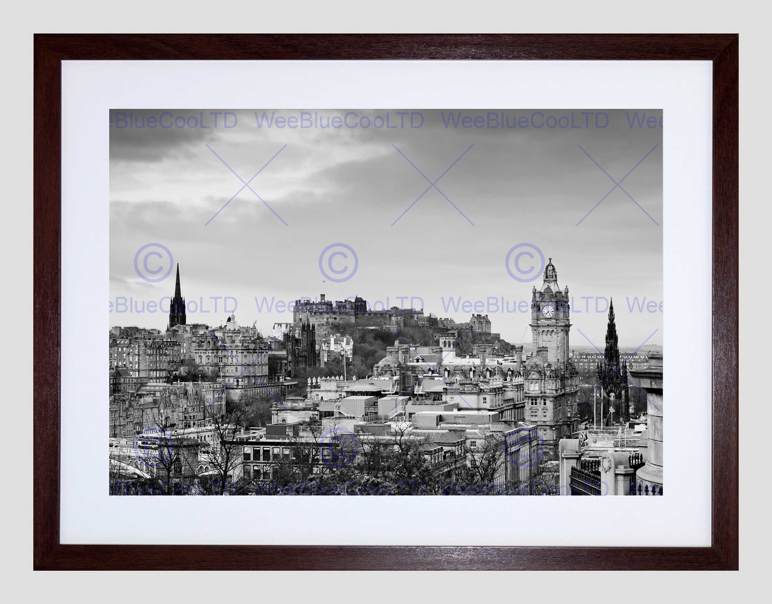 Wee Blue Coo Photo Cityscape Edinburgh Castle Rooftops Black White Framed Wall Art Print