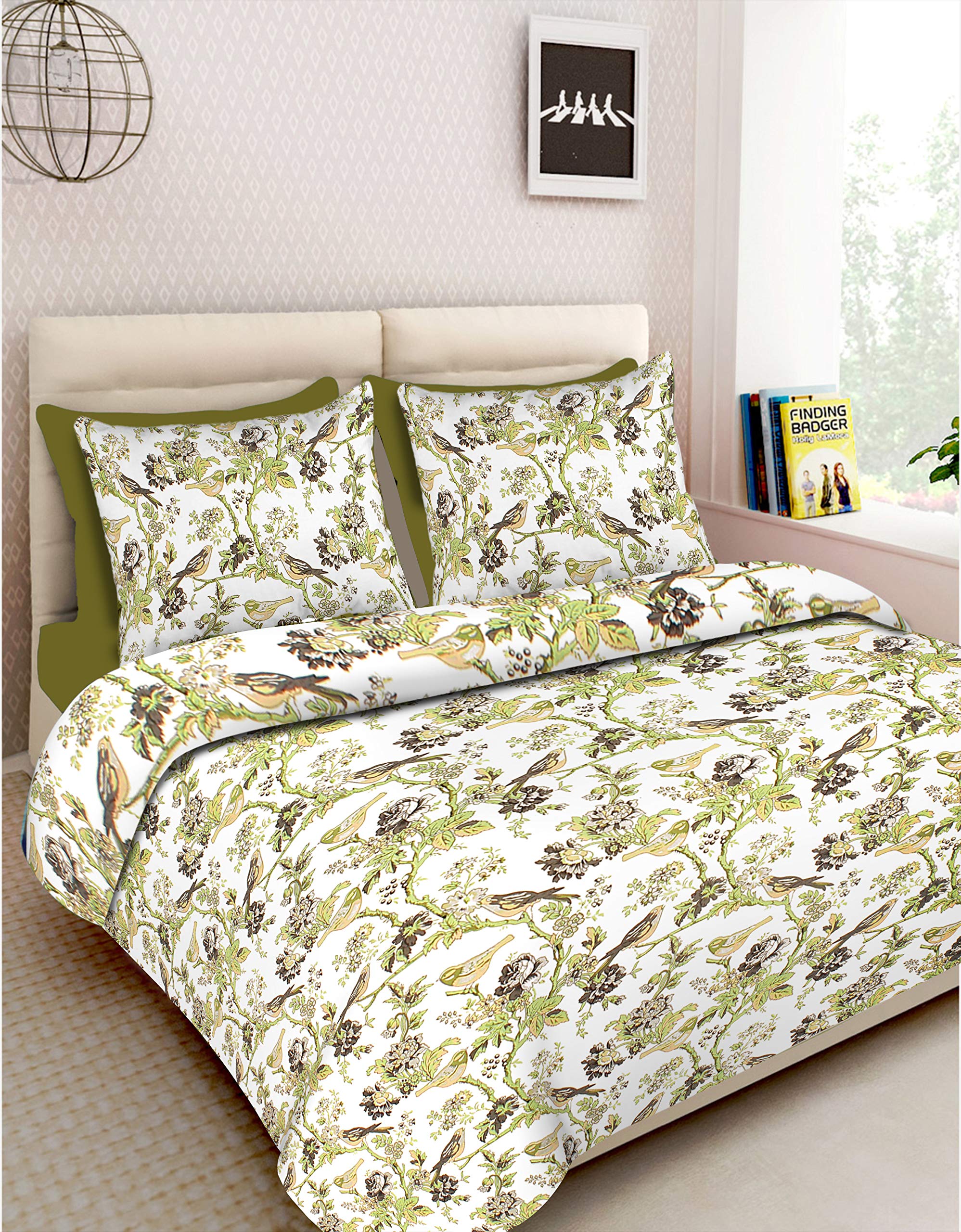 RHF 100% Cotton 300 TC King Size Bedspread Bed Cover Floral Design Double bedsheet with 2 Pillow Covers (8 Feet X 9 Feet, 100" X 108")- Light Green-picture-13