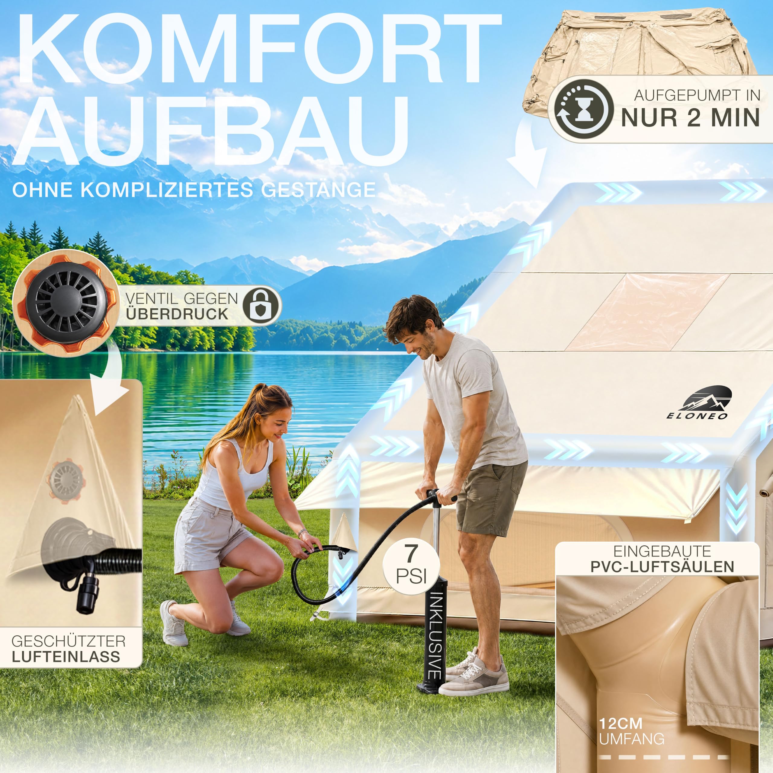 ELONEO namiot dmuchany dla 2/4/6/8 osób z oknem dachowym i pompką, premium namiot glamping wodoodporny, namiot powietrzny, Inflatable Tent, namiot kempingowy, krem