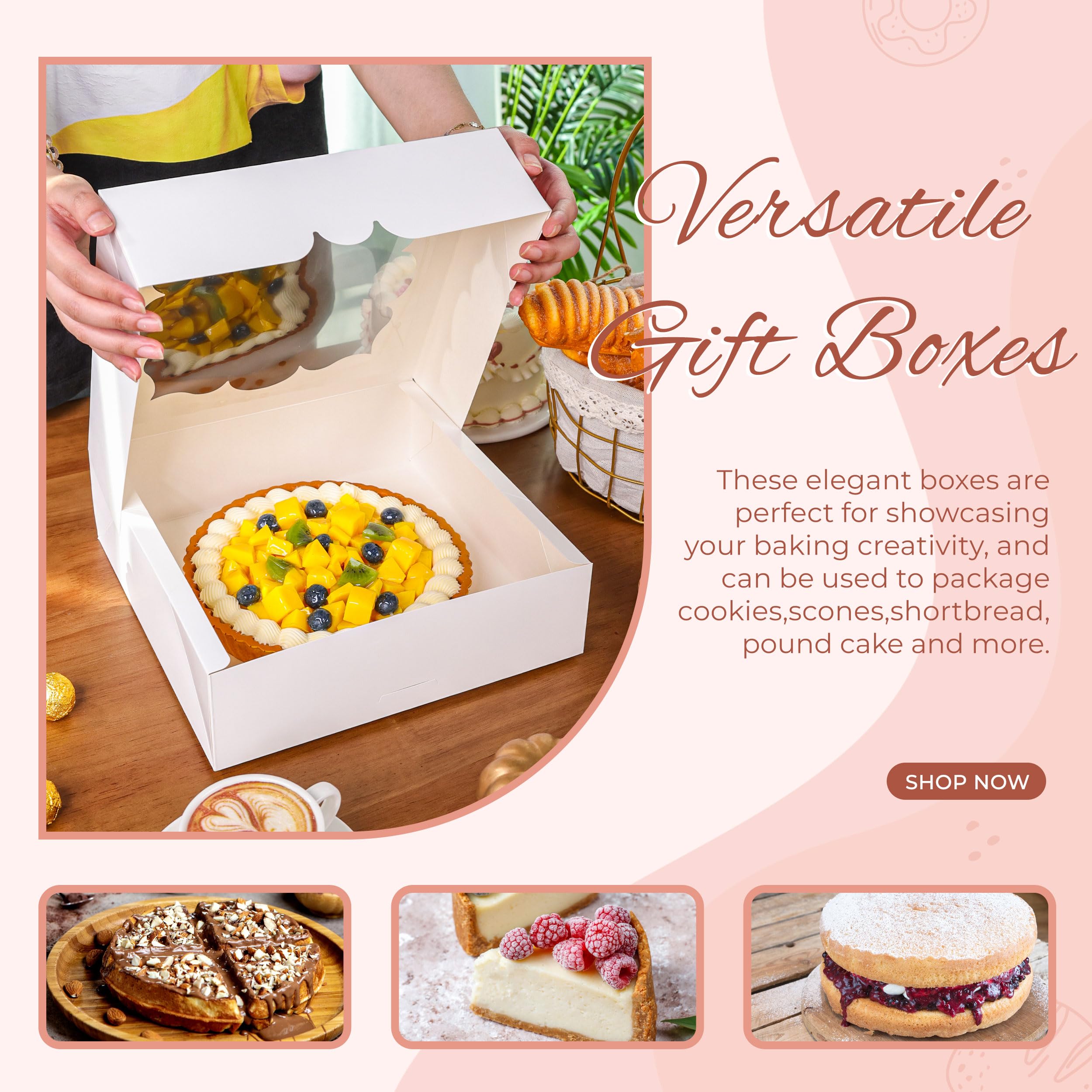 BTSD-home Lot de 20 boîtes à tarte de 25,4 x 25,4 x 7,6 cm avec fenêtre – Boîtes à tarte pour tartes, cheesecake et fraises recouvertes de chocolat (blanc)