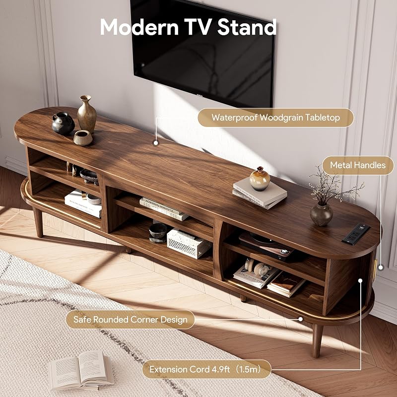 Decofy Mid Century TV Stand for TVs up to 90 Inches, Entertainment Center with Storage, Power Outlet, Fluted Sliding Doors & Adjustable Shelves, Modern Media TV Console Table for Living Room (Walnut) image 6