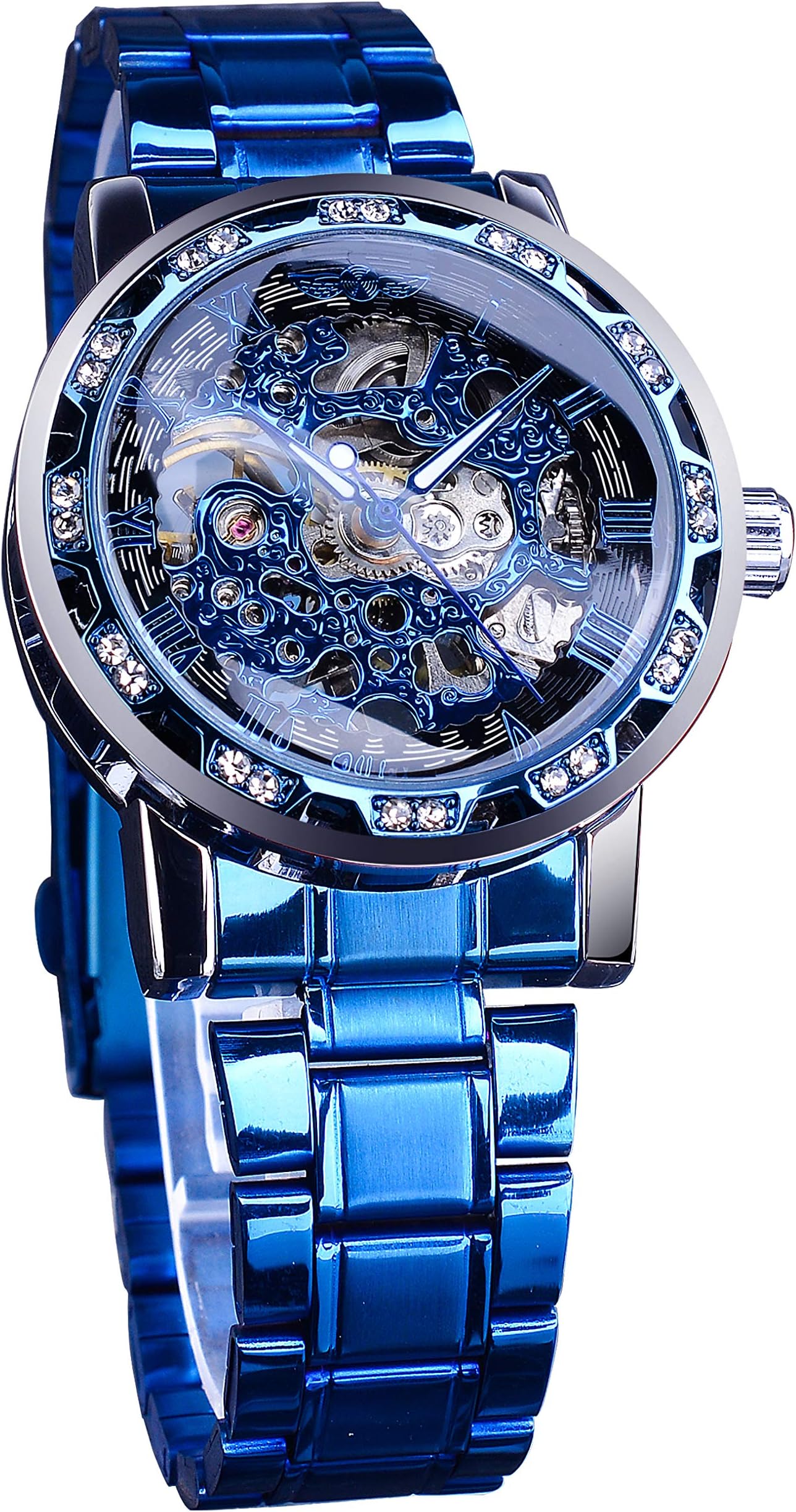 - Winner Retro Manual Mechanical Skeleton Watch with Diamond and Carving Flower Craft Men Skeleton Wrist Watch Mechanical Classic Roman Number