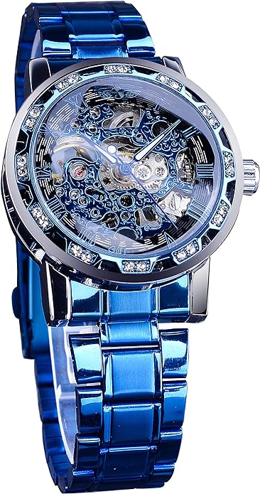 Winner Retro Manual Mechanical Skeleton Watch with Diamond and Carving Flower Craft Men Skeleton Wrist Watch Mechanical Classic Roman Number