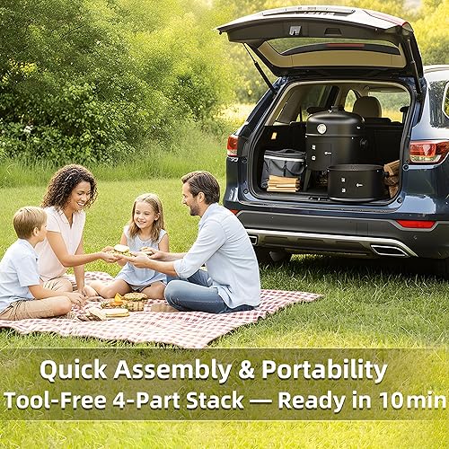 Miniatura 9 de Ahumador de carbón de 16 pulgadas, parrilla 3 en 1 para ahumar carne con termómetro y estantes de cocción duales, ahumador portátil para barbacoa al