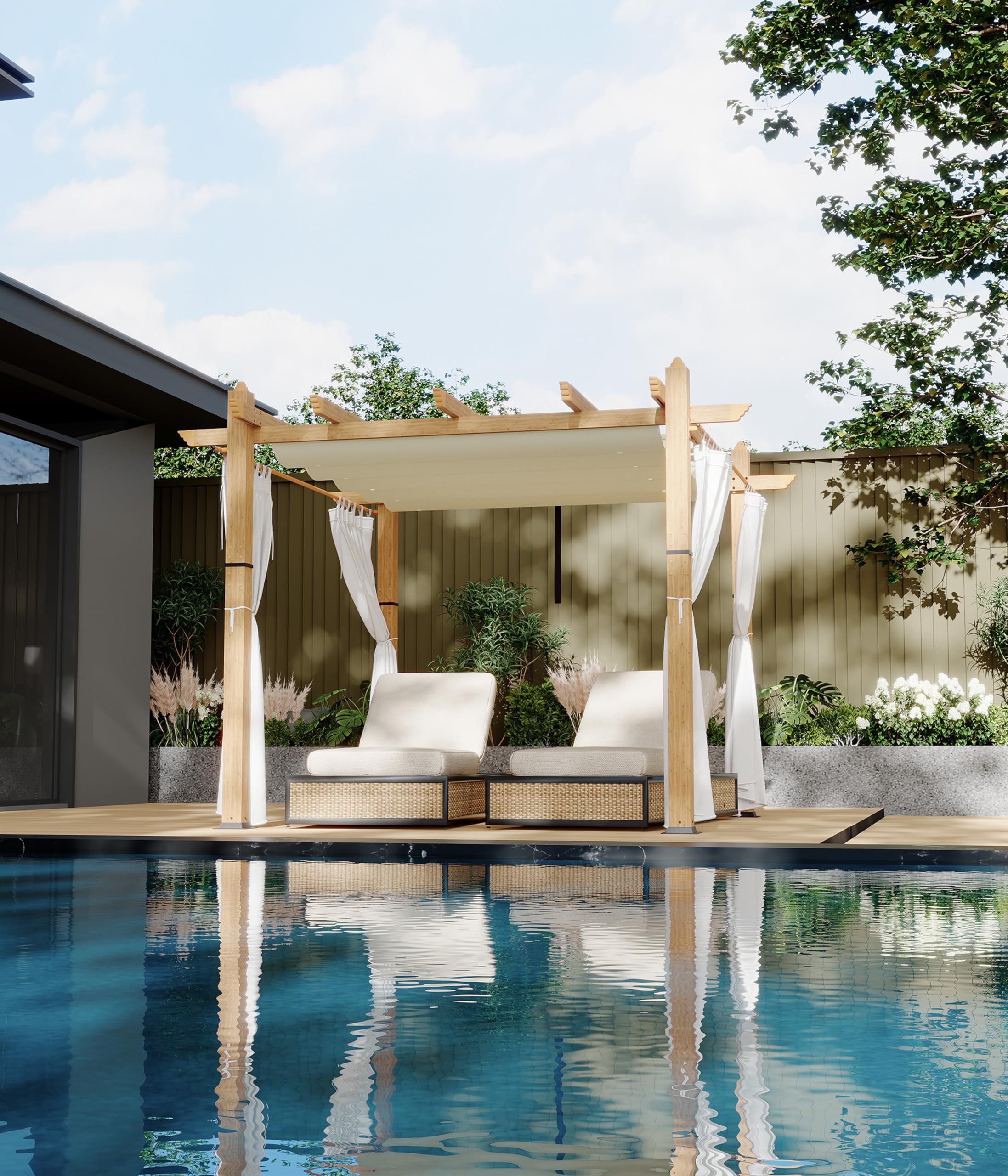 GAOMON 10x10 Ft Outdoor Pergola, Heavy-Duty Aluminum Patio Pergolas and Gazebos Clearance with Retractable Canopy &amp; Side Mesh Curtain, Metal Pergola for Existing Deck, Backyard Garden Porch, Beige