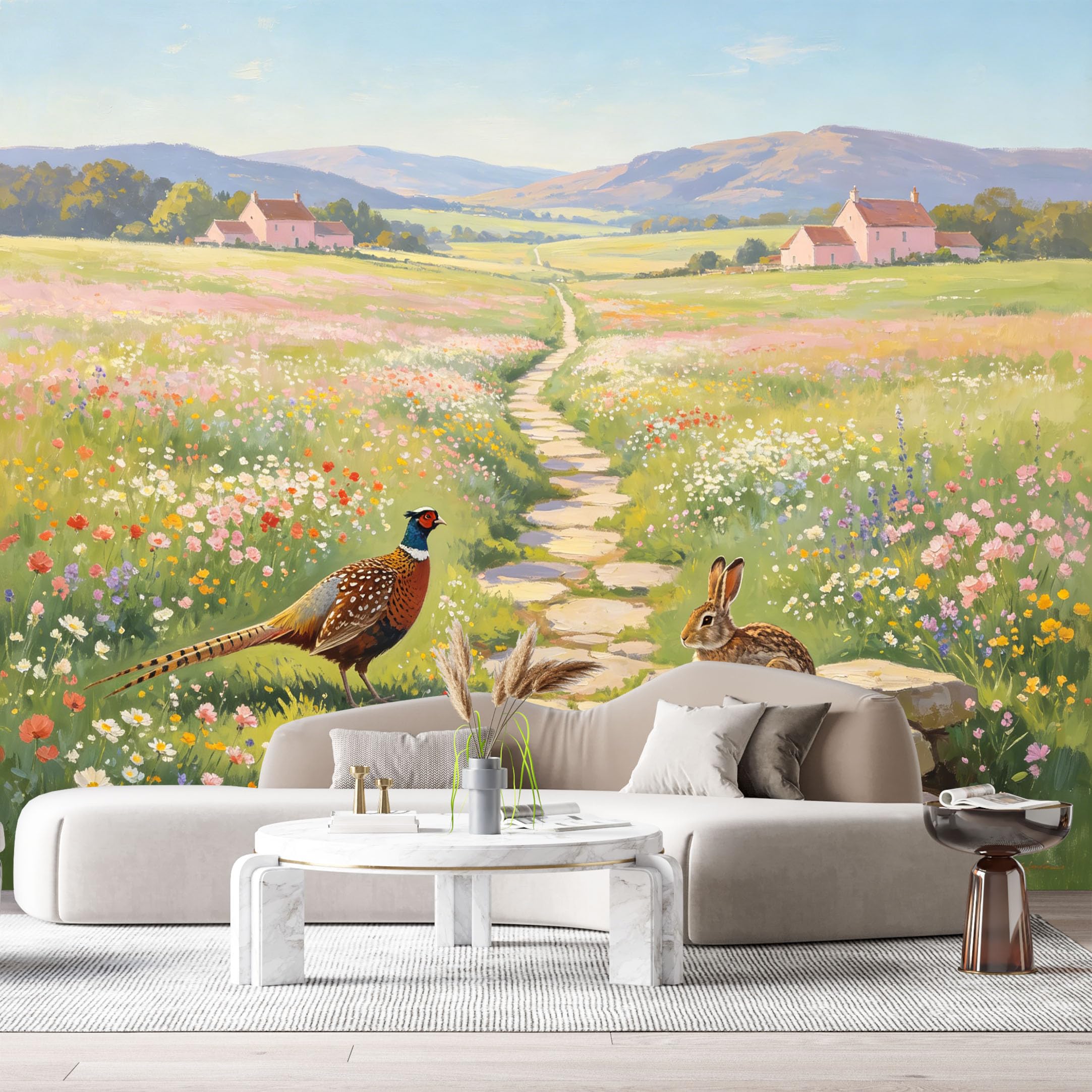 Custom Size Wall Murals Pheasant Rabbit Meadow Farmhouse American Country Oil Painting SelfAdhesive Wall Fabric Removable Large Wallpaper for Photo Living Room