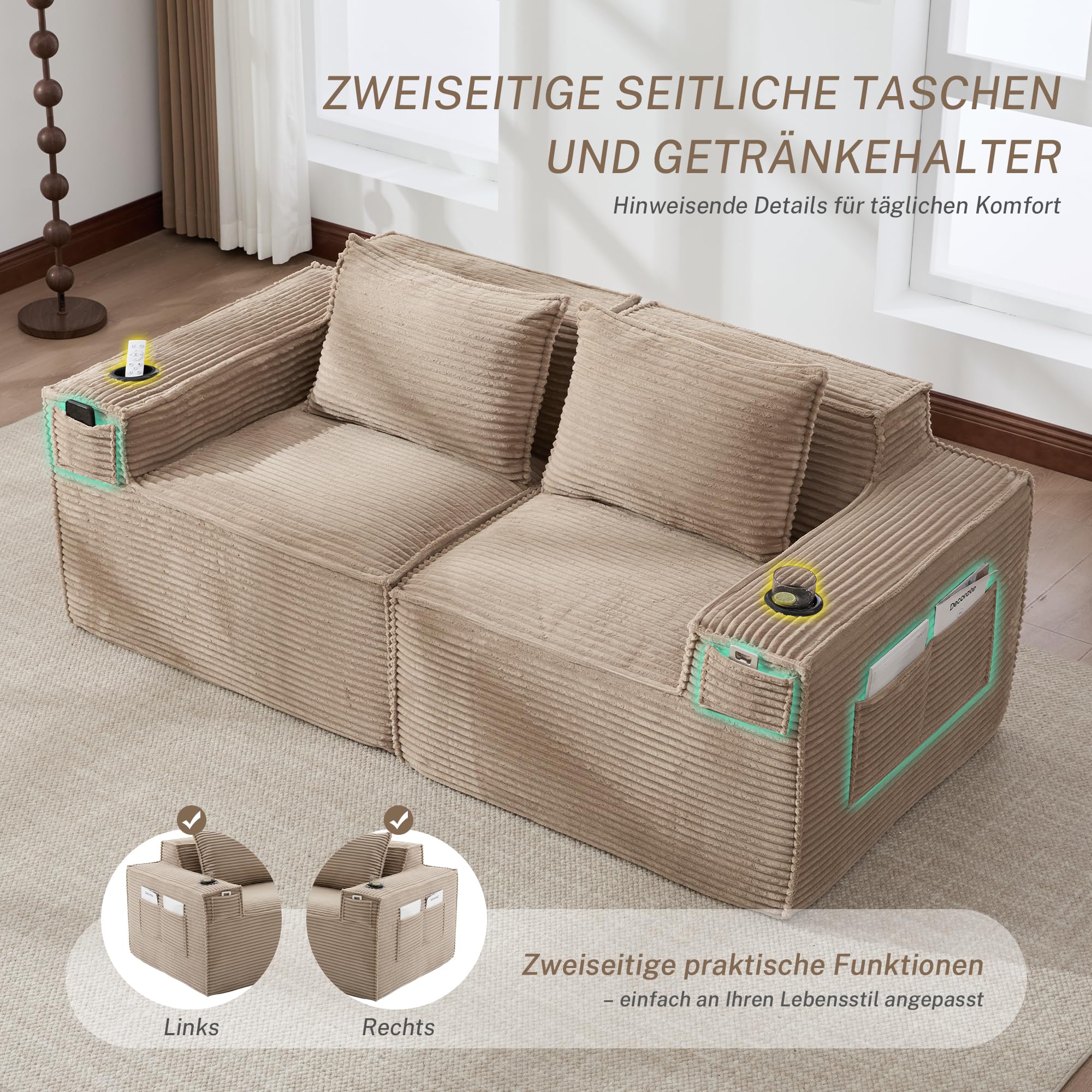 Generisch 2-osobowa sofa sztruksowa z rdzeniem sprężynowym, uchwytami na napoje i kieszeniami bocznymi