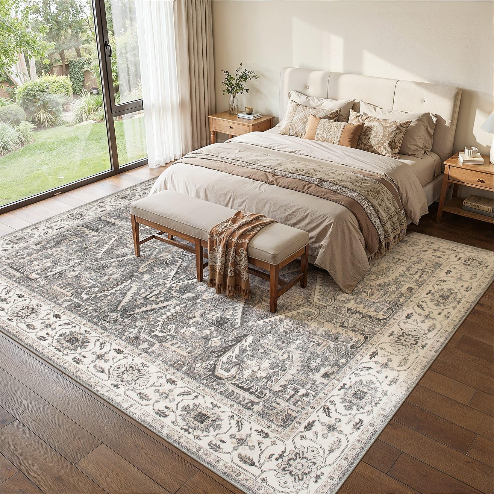 ZUNTKON Washable 8x8 Square Area Rug, Vintage Non Slip Grey